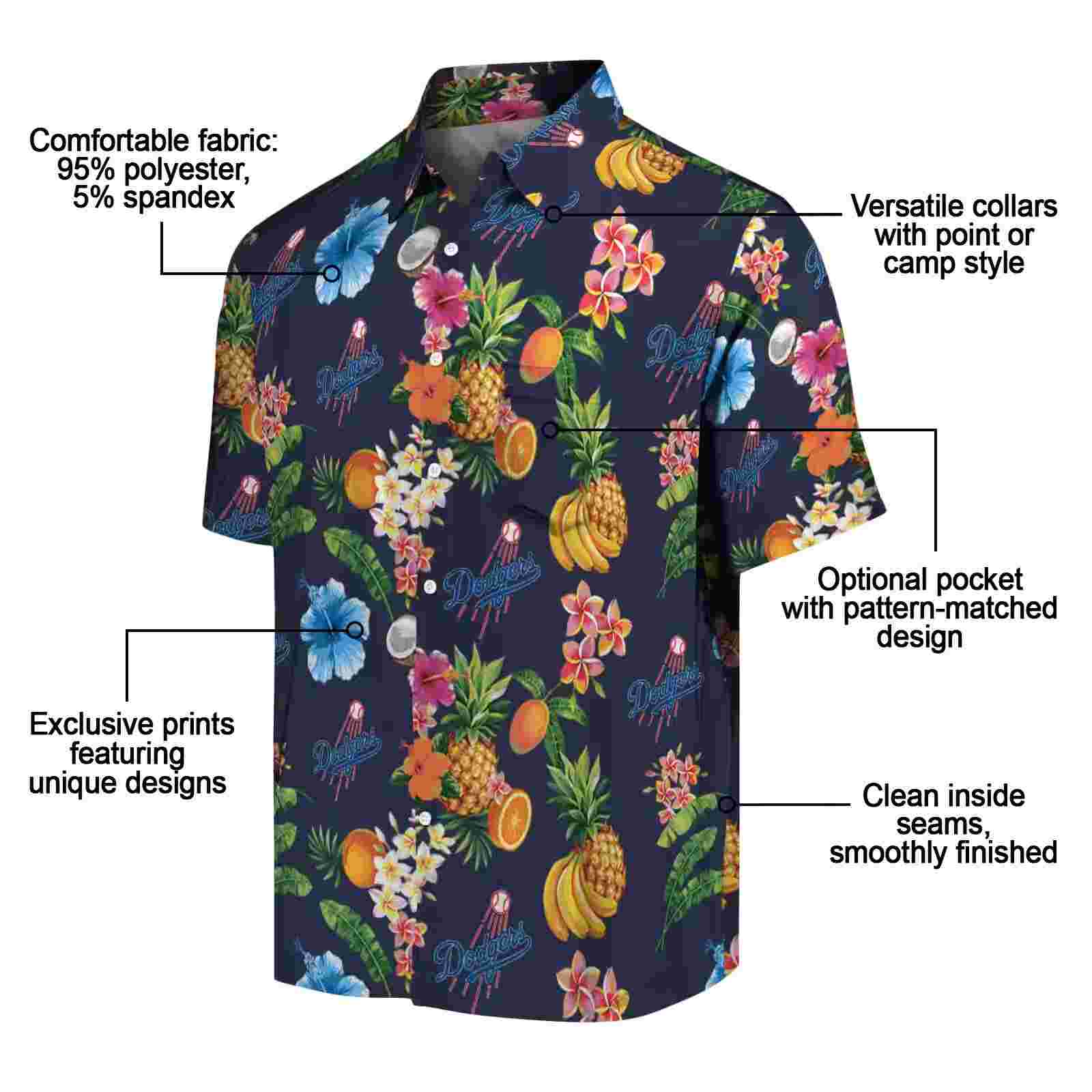 los angeles dodgers hibiscus and fruit navy blue hawaiian shirt new arrival