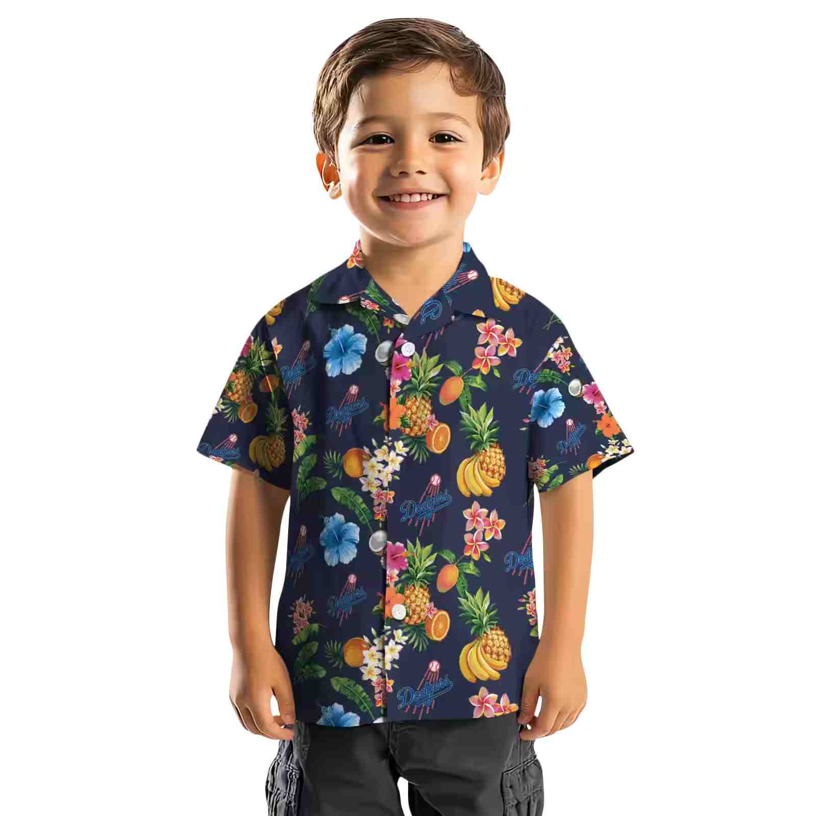 los angeles dodgers hibiscus and fruit navy blue hawaiian shirt top rated