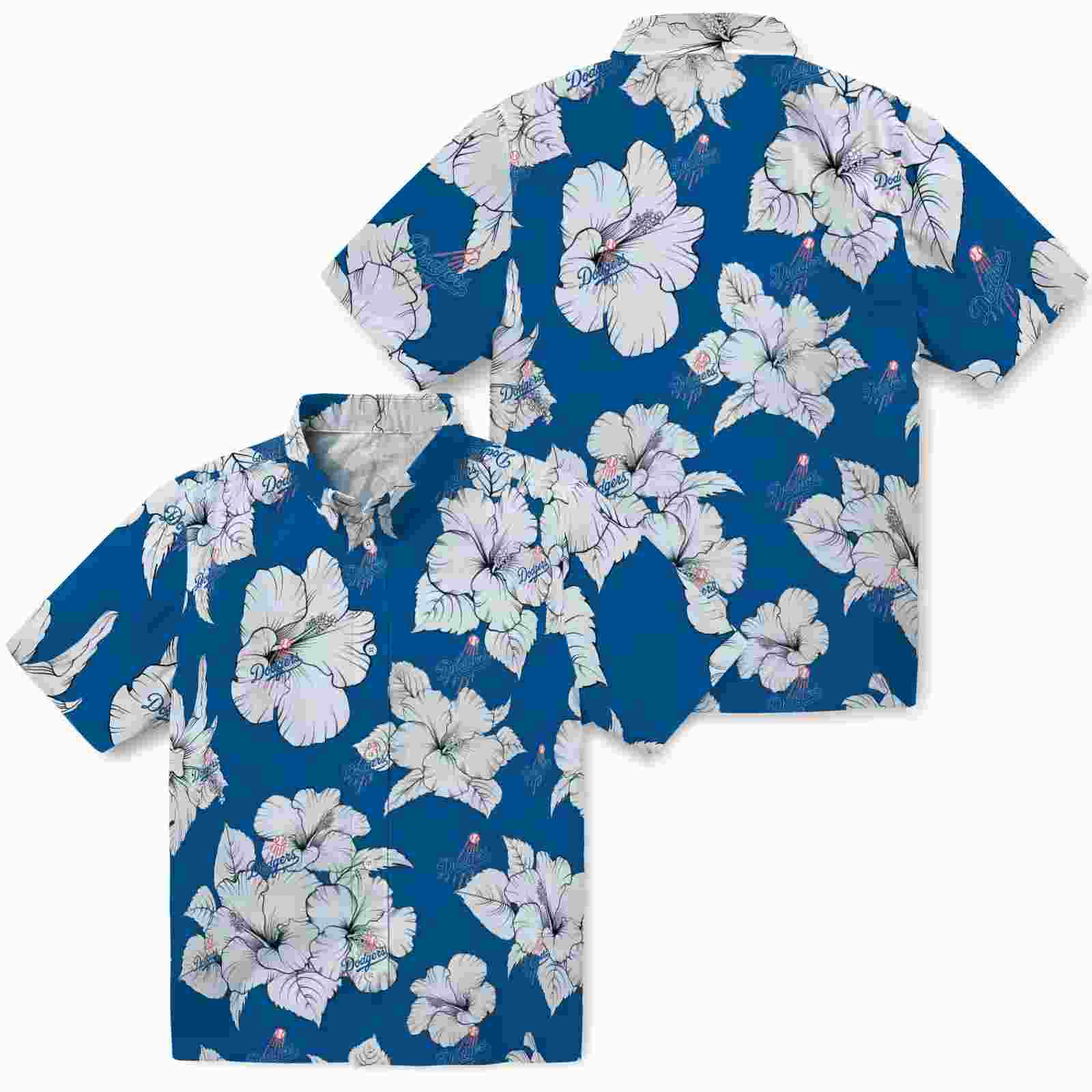 los angeles dodgers hibiscus blooms blue white hawaiian shirt high quality