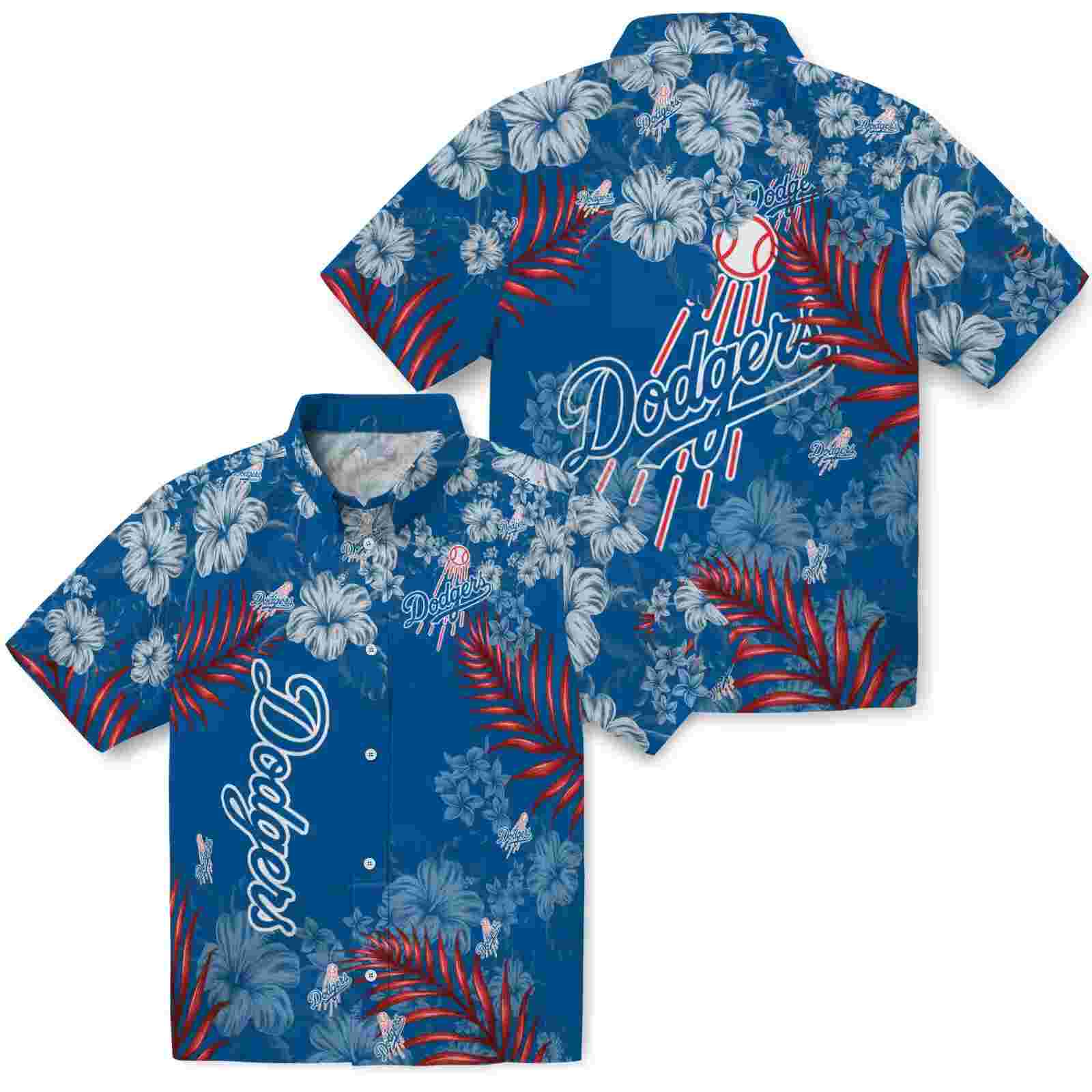 los angeles dodgers hibiscus print blue hawaiian shirt high quality