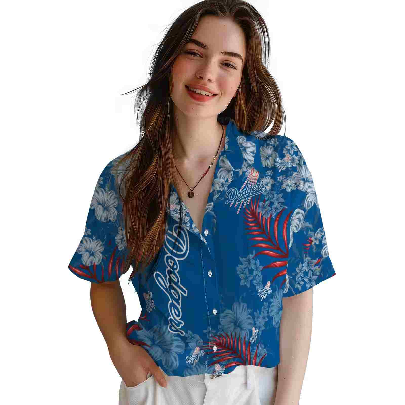 los angeles dodgers hibiscus print blue hawaiian shirt latest model