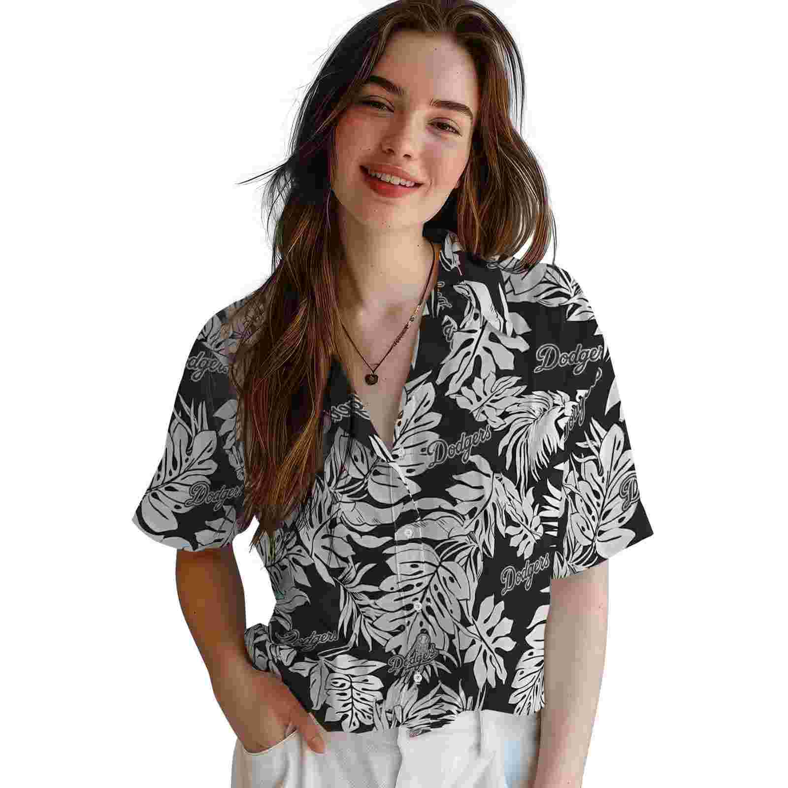 los angeles dodgers monstera leaf pattern black hawaiian shirt latest model