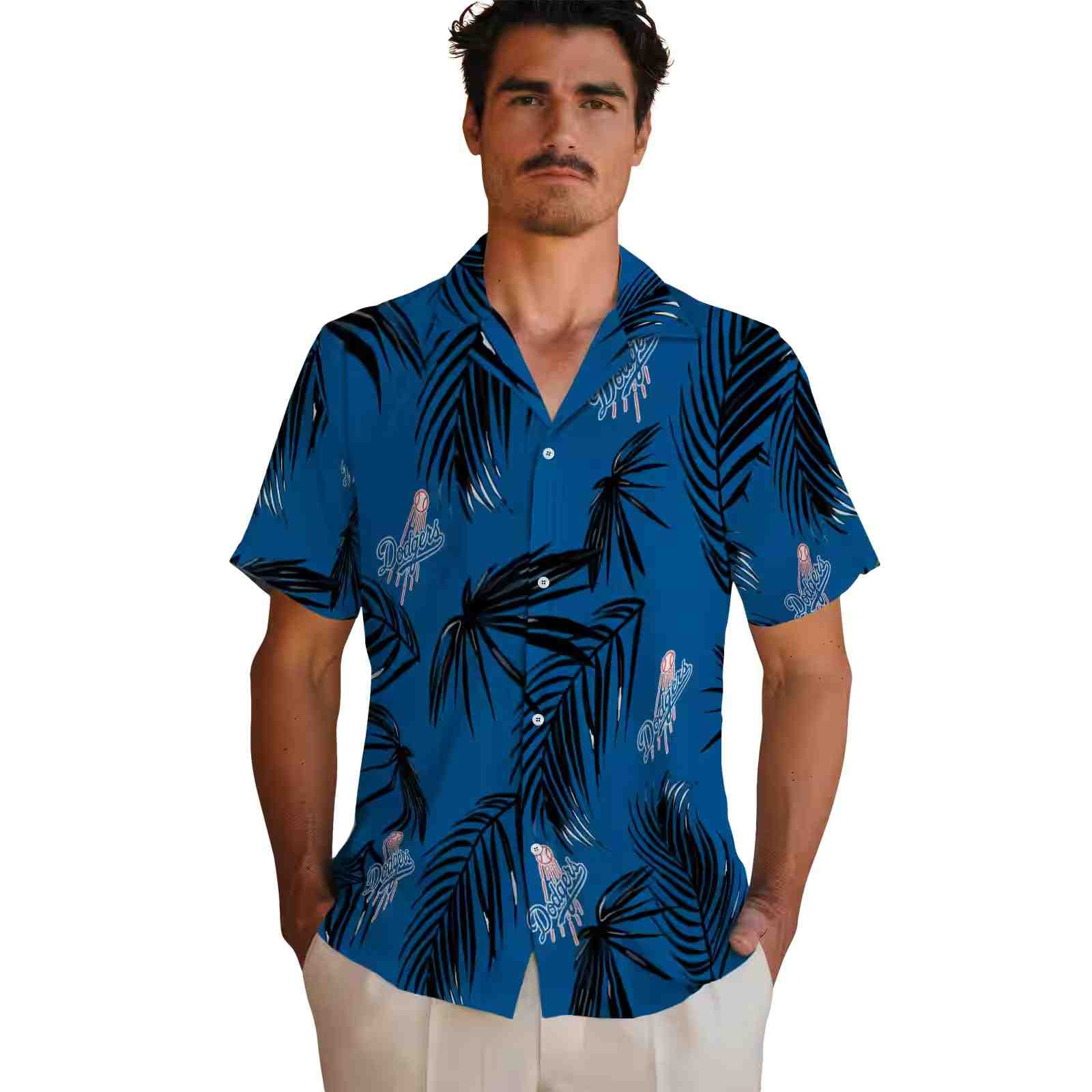 los angeles dodgers palm leaf blue hawaiian shirt fashion forward