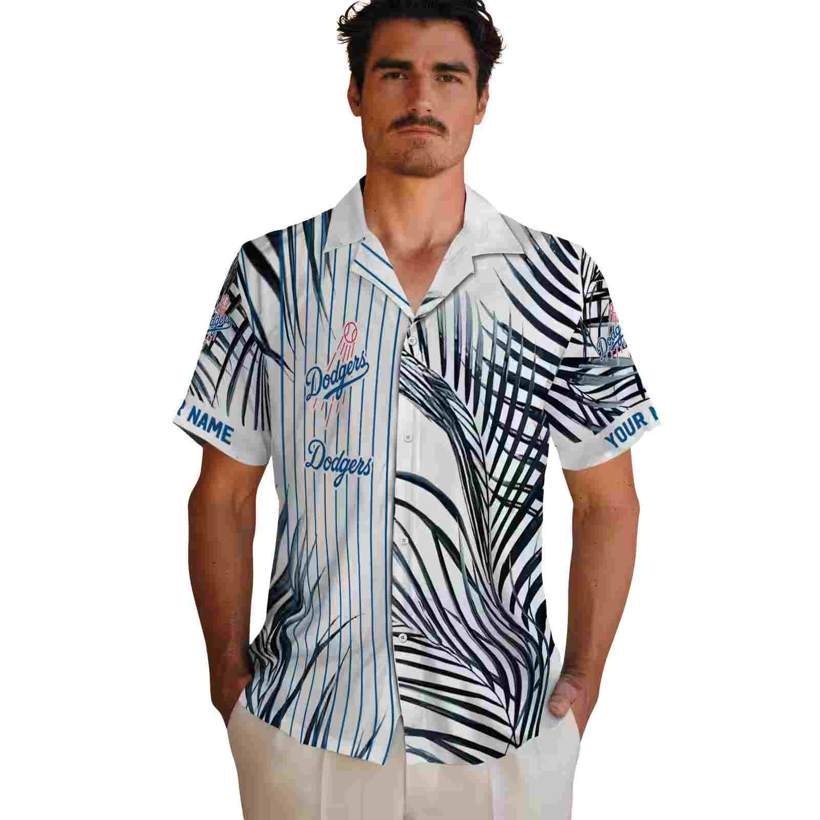 los angeles dodgers palm stripes blue black white hawaiian shirt fashion forward