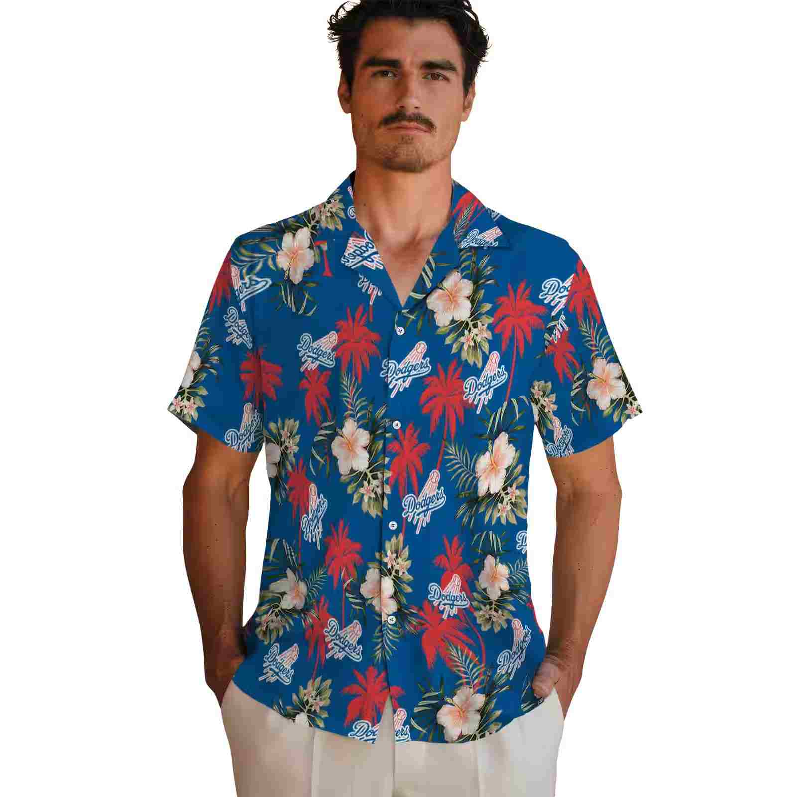 los angeles dodgers palm tree flower blue hawaiian shirt fashion forward