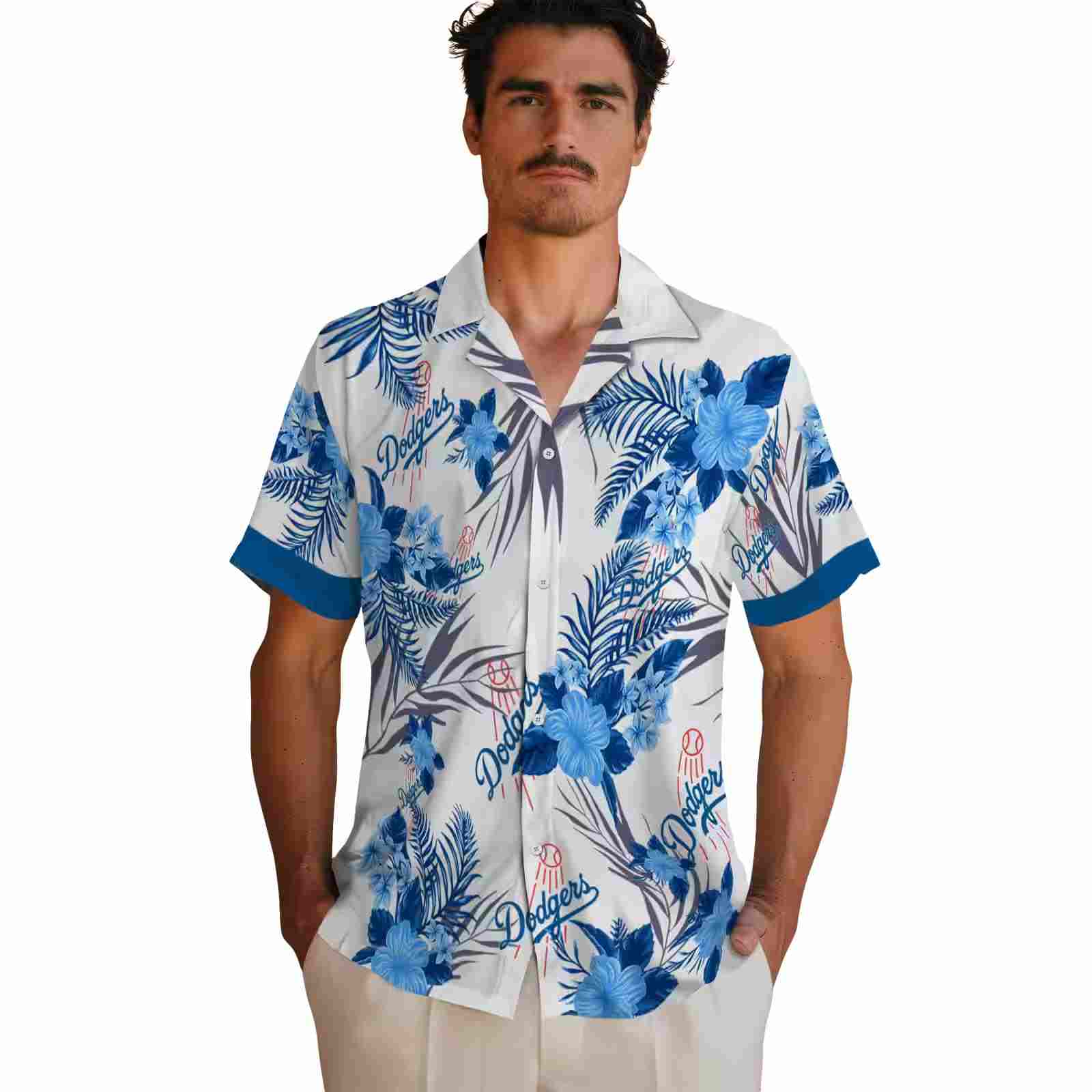 los angeles dodgers patriotic hibiscus design blue white hawaiian shirt fashion forward