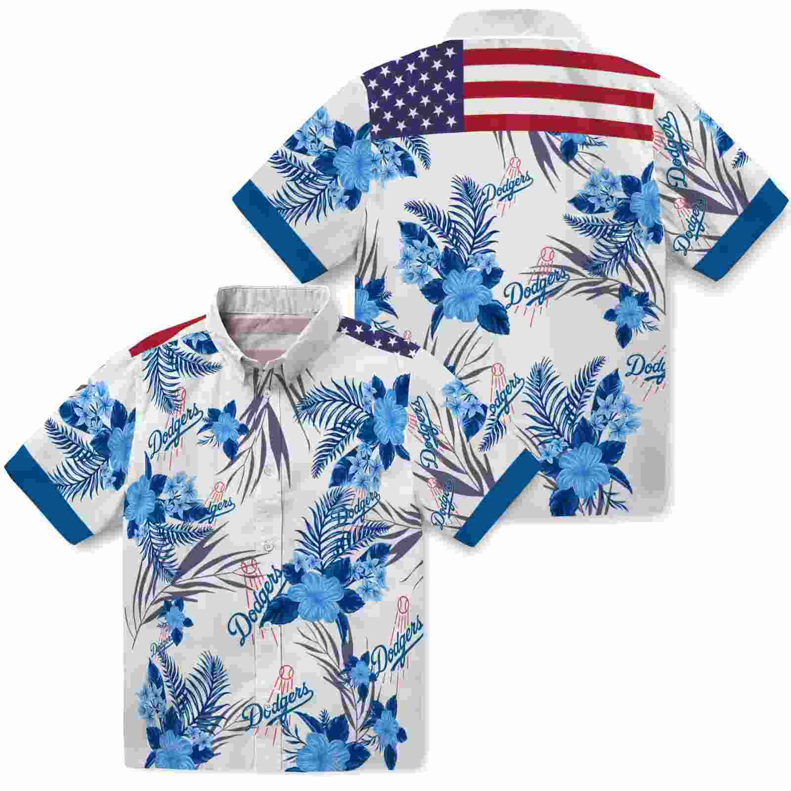 los angeles dodgers patriotic hibiscus design blue white hawaiian shirt high quality