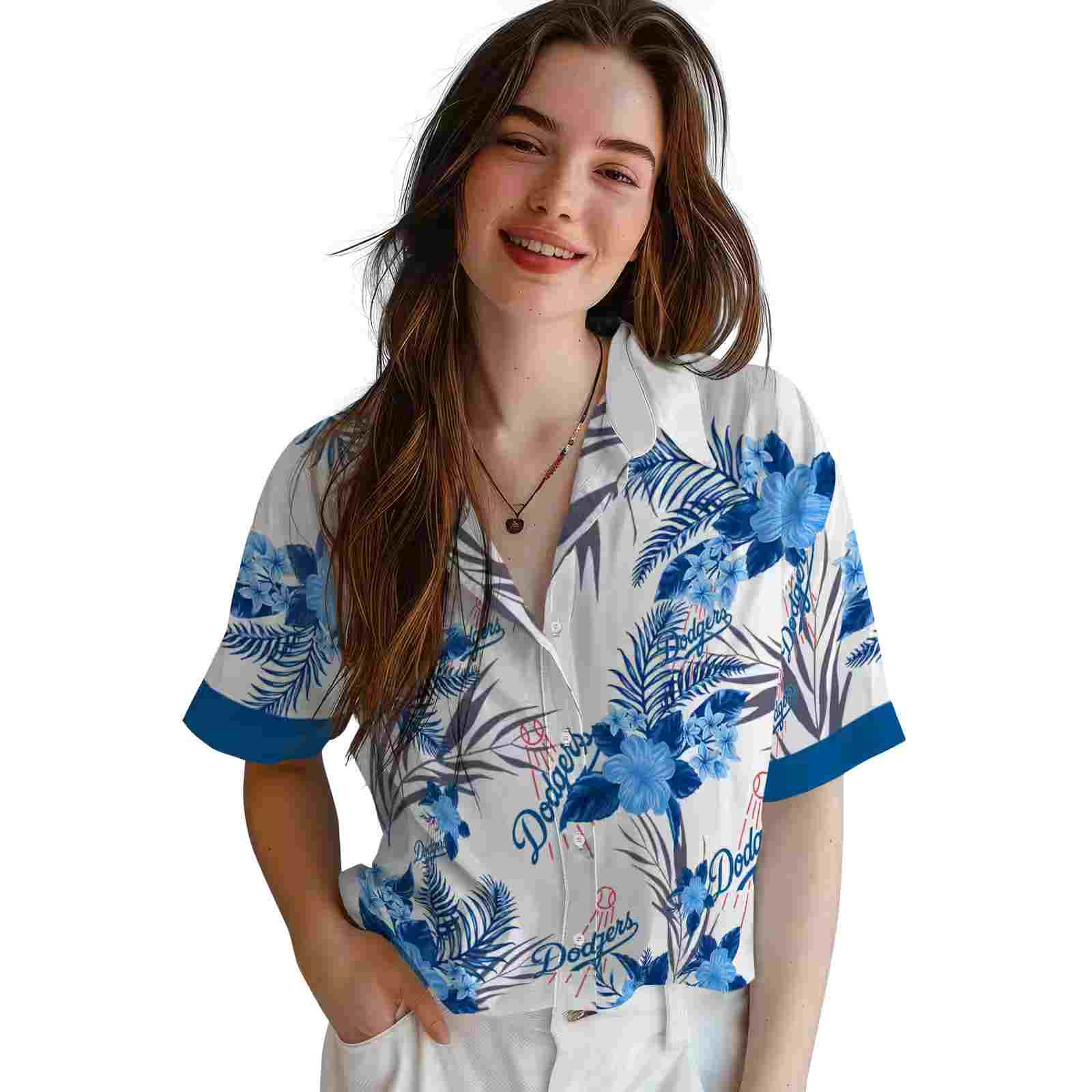 los angeles dodgers patriotic hibiscus design blue white hawaiian shirt latest model