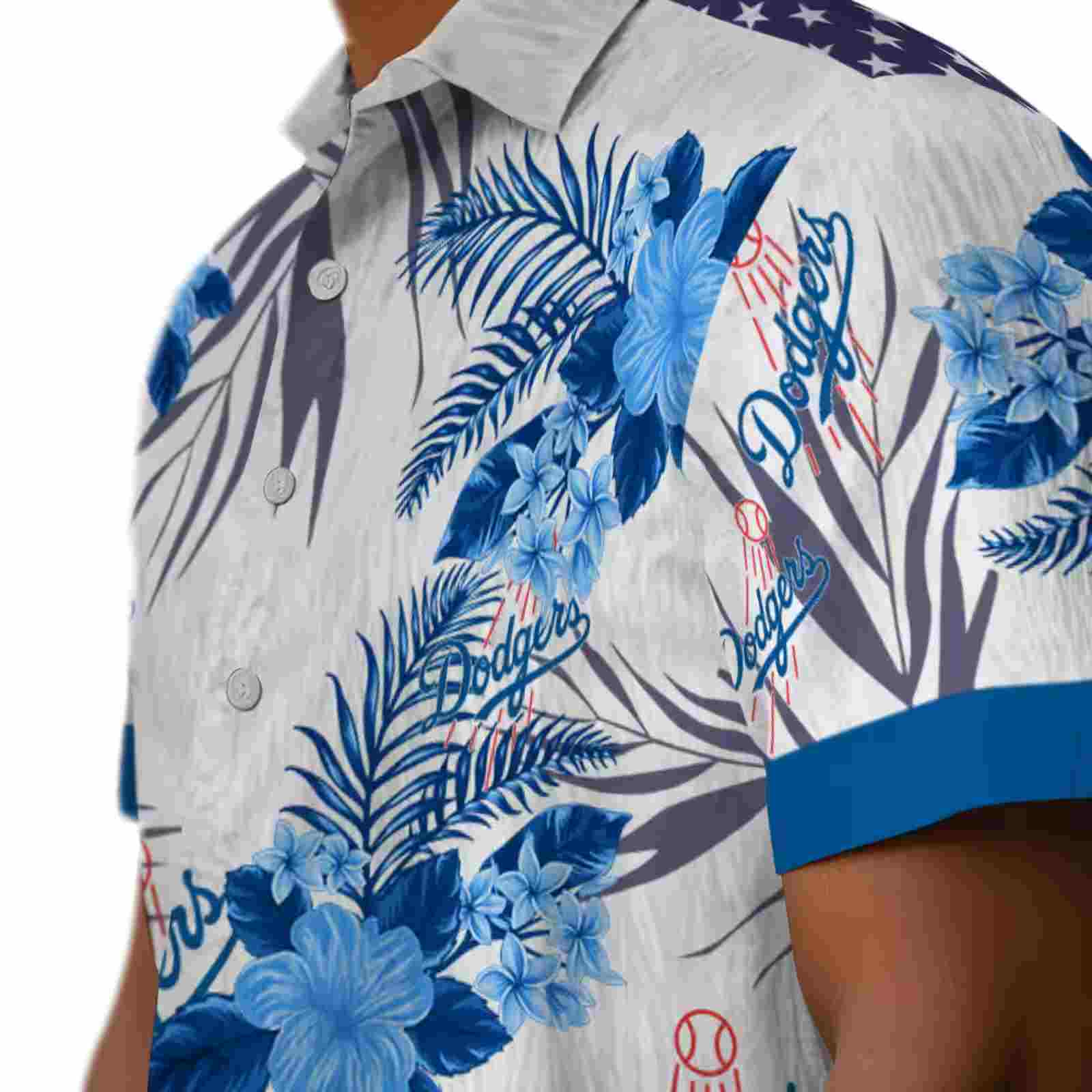 los angeles dodgers patriotic hibiscus design blue white hawaiian shirt trendy