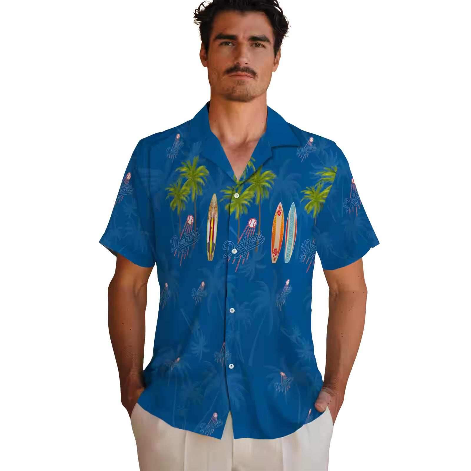 los angeles dodgers surfboard palm blue hawaiian shirt fashion forward