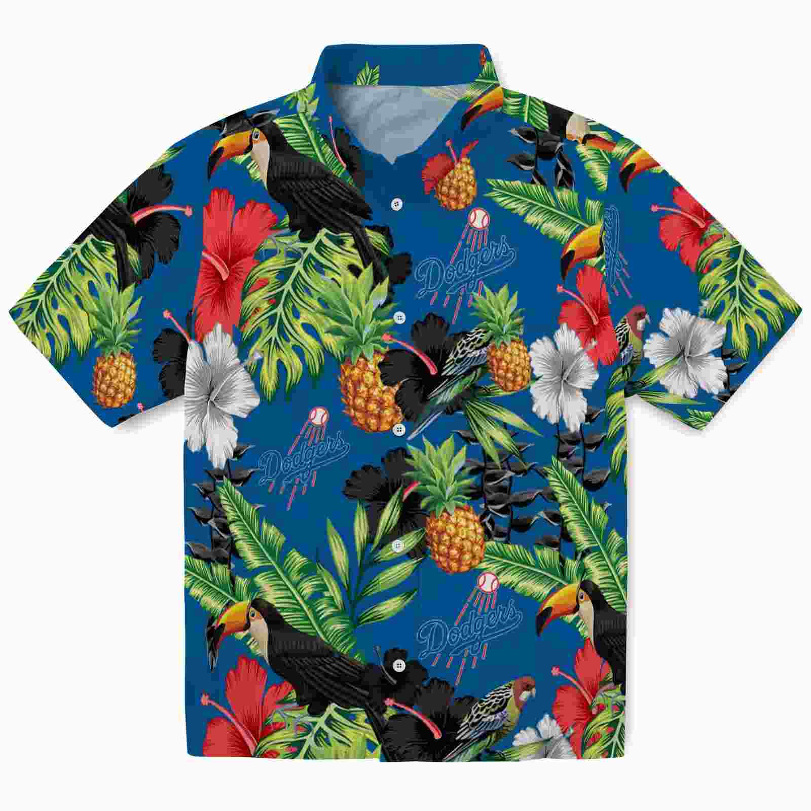 Los Angeles Dodgers Toucan Hibiscus Pineapple Blue Green Hawaiian Shirt