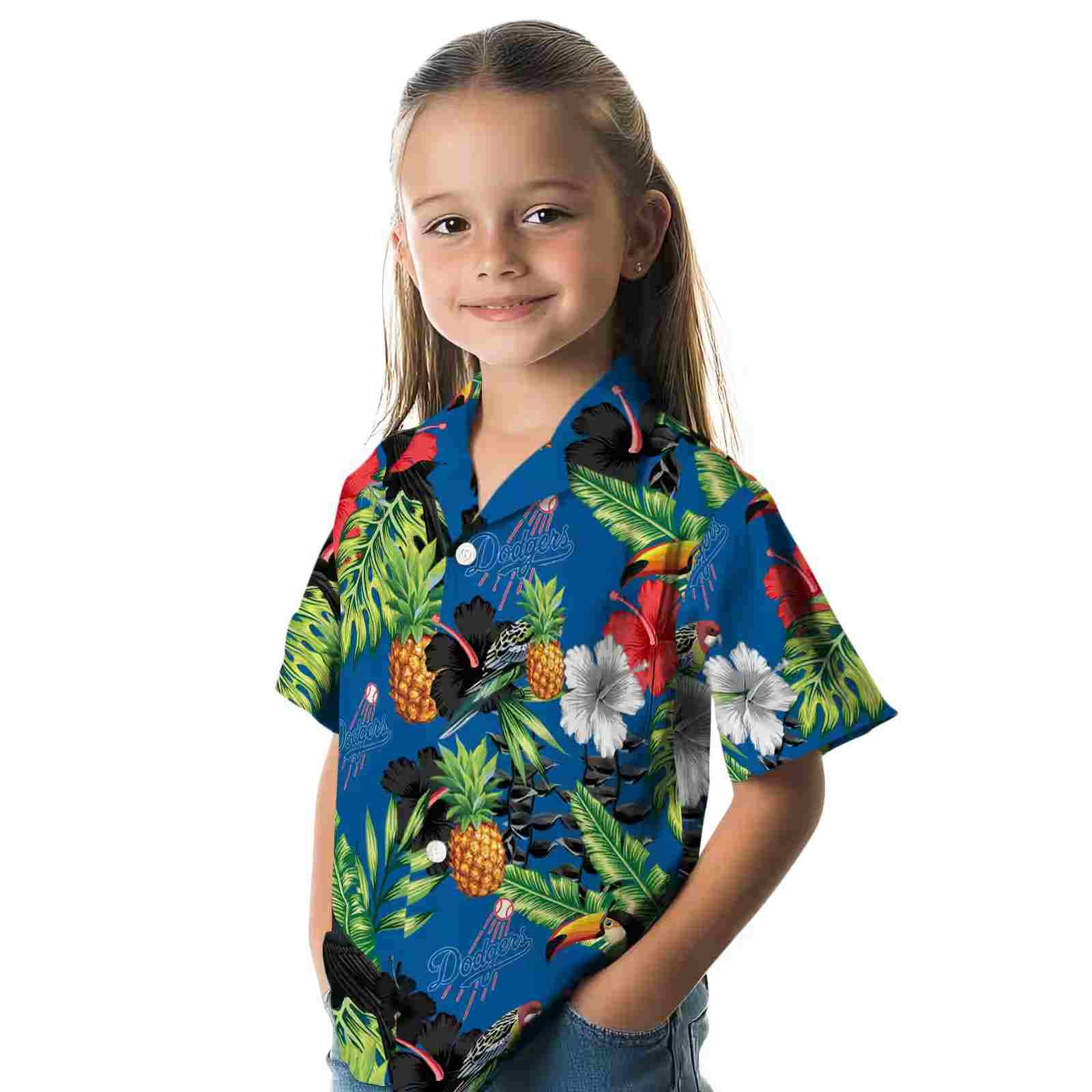 los angeles dodgers toucan hibiscus pineapple blue green hawaiian shirt premium grade