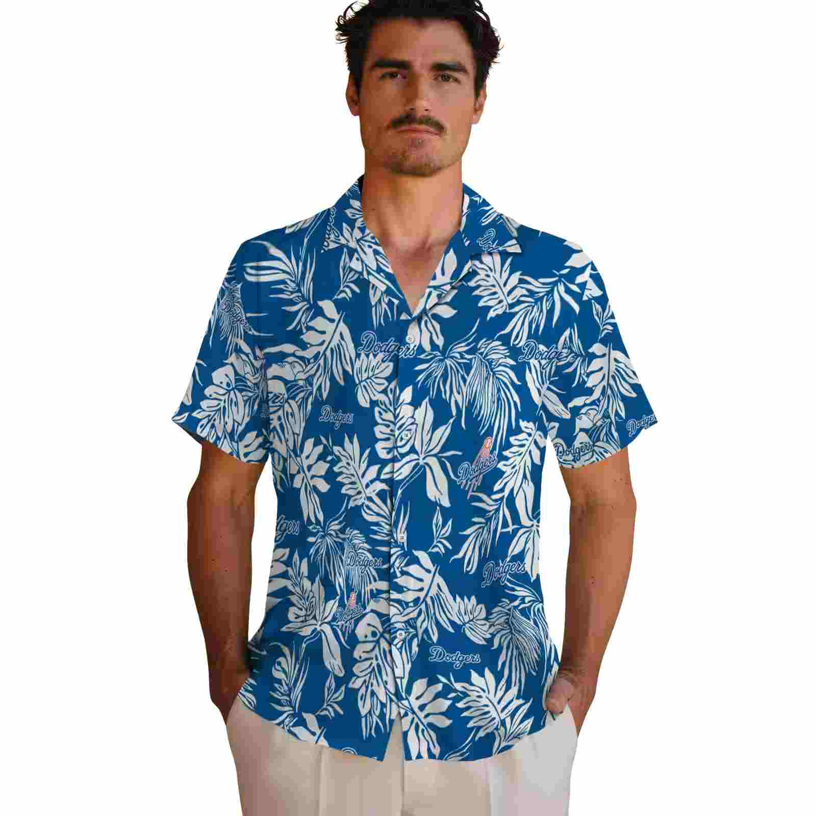 los angeles dodgers tropical leaf blue white hawaiian shirt fashion forward