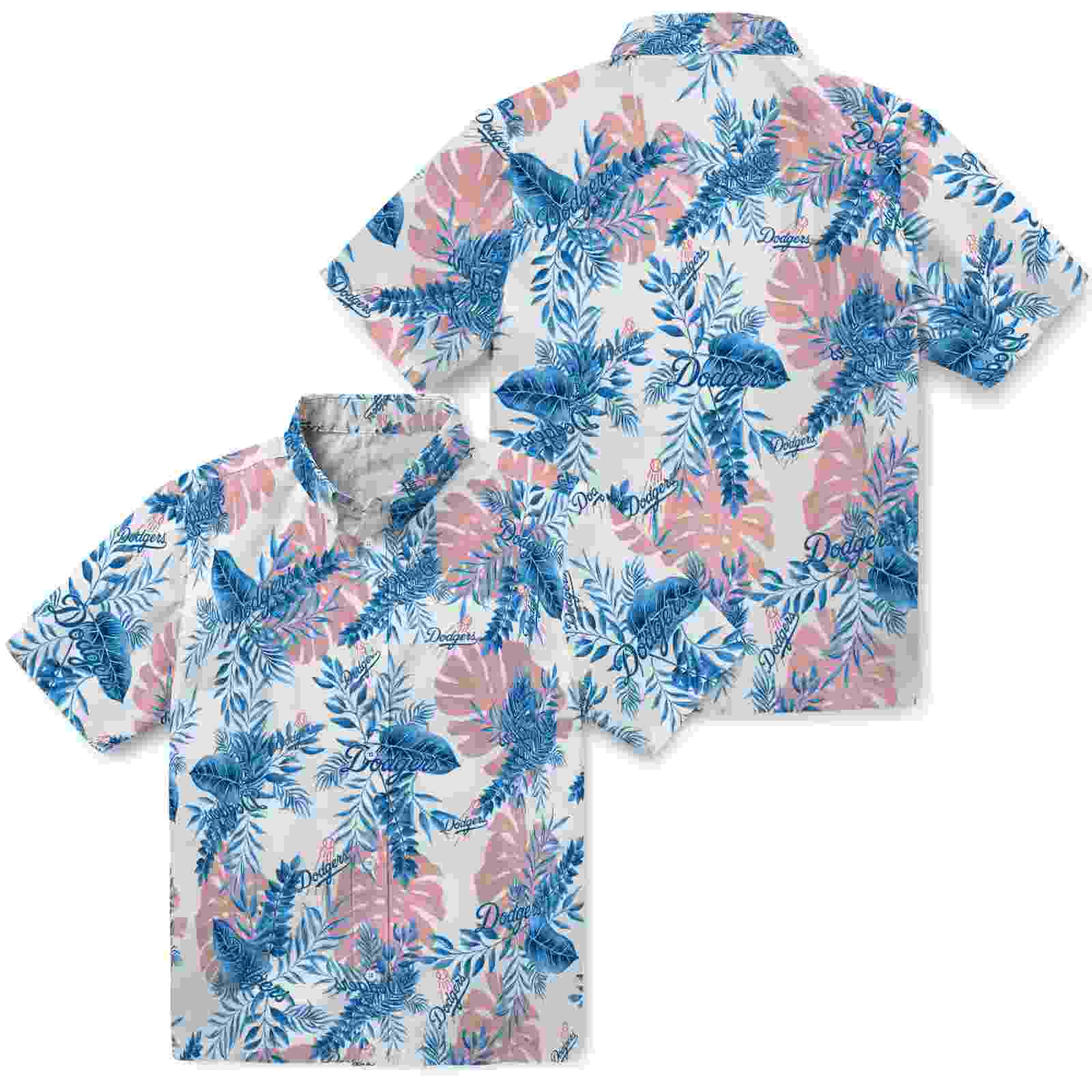 los angeles dodgers tropical leaves white hawaiian shirt high quality