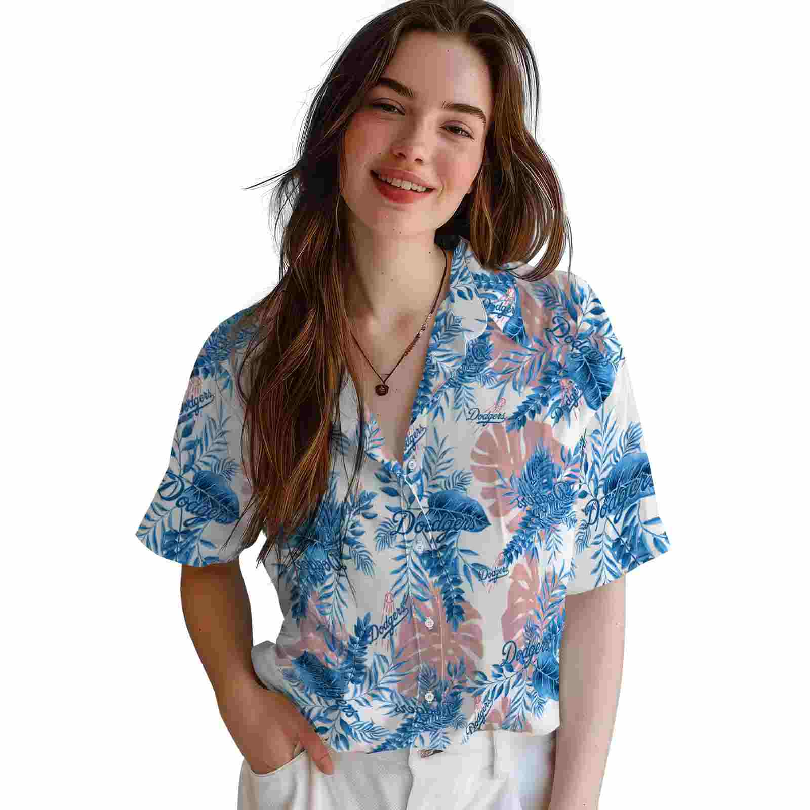 los angeles dodgers tropical leaves white hawaiian shirt latest model