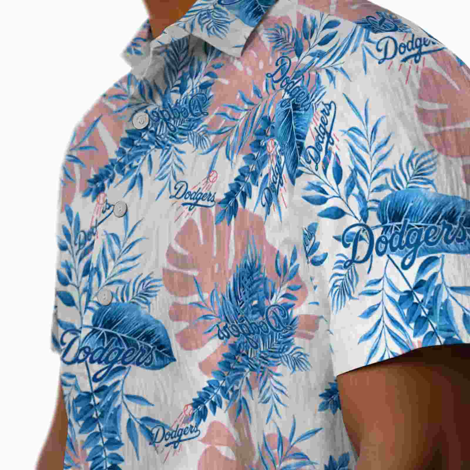 los angeles dodgers tropical leaves white hawaiian shirt trendy