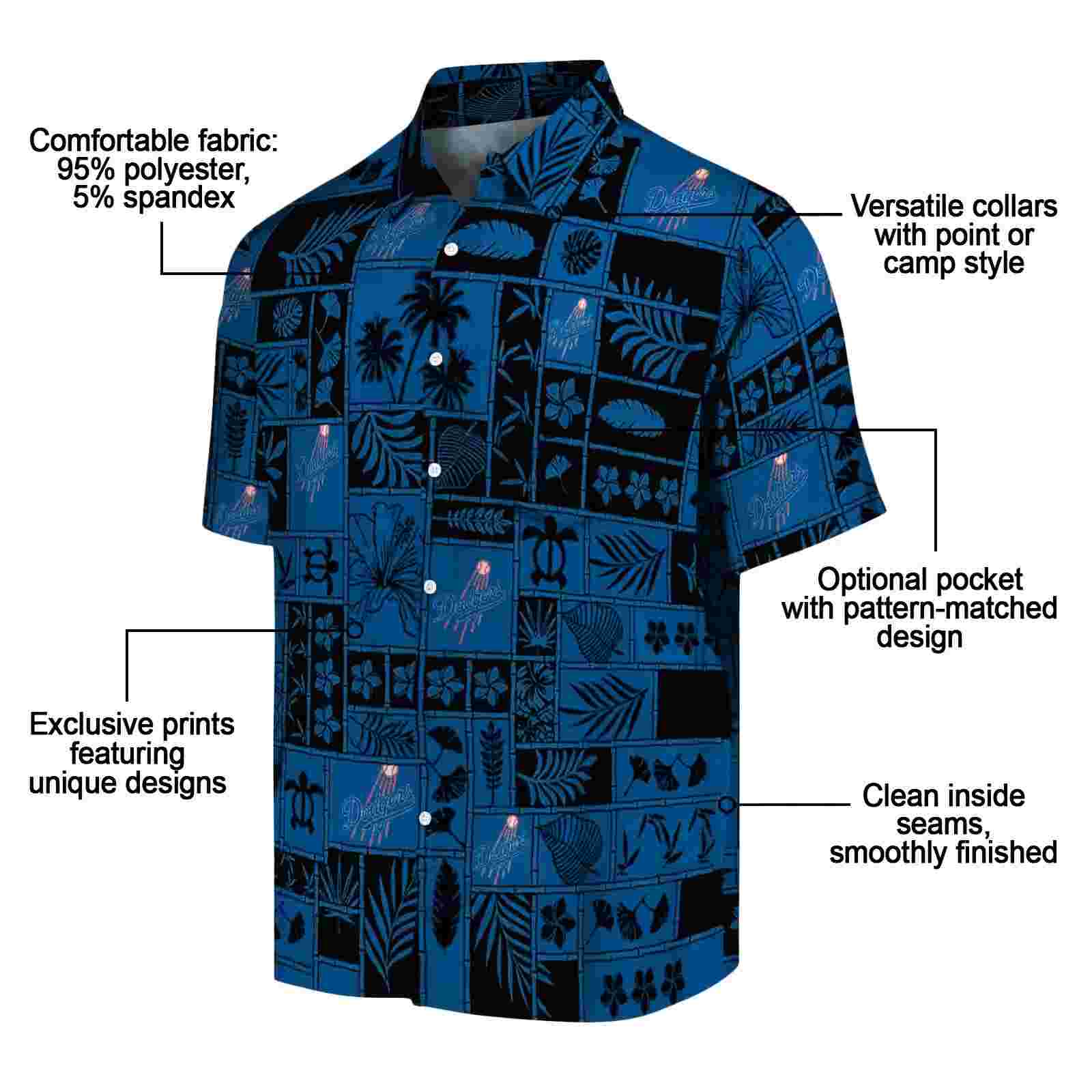 los angeles dodgers tropical patchwork blue black hawaiian shirt new arrival