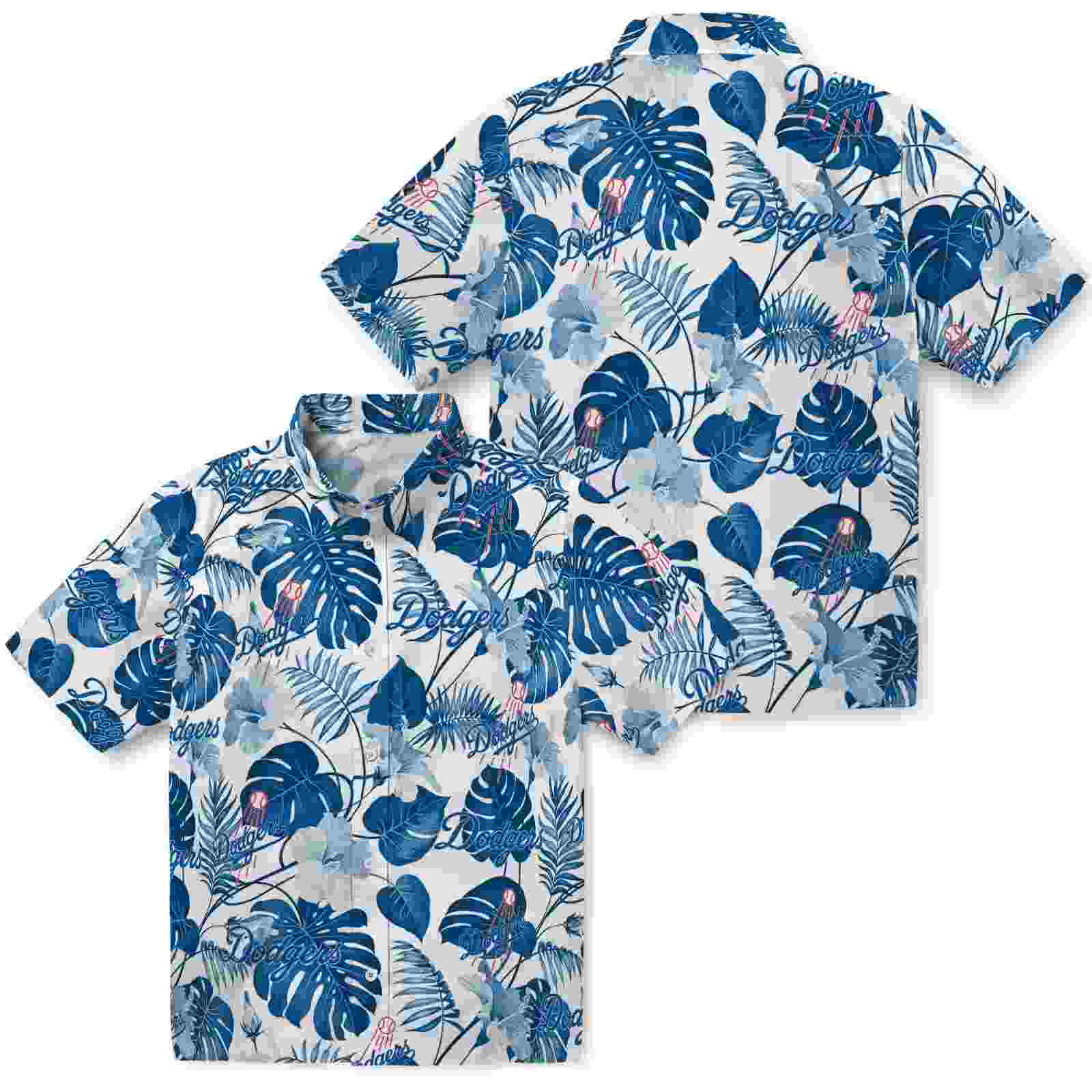 los angeles dodgers tropical plants blue white hawaiian shirt high quality