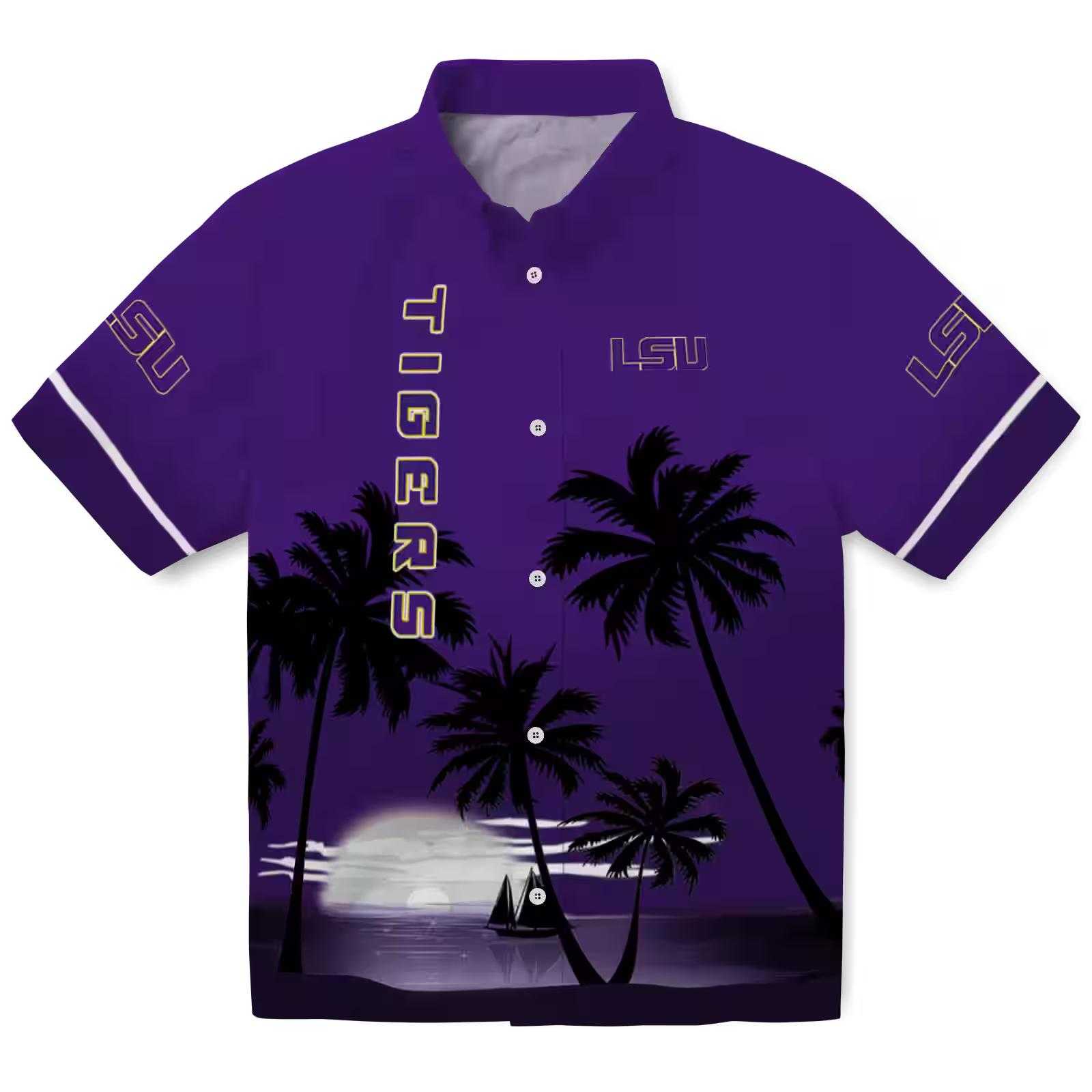 LSU Tigers Beach Sunset Purple Black Hawaiian Shirt