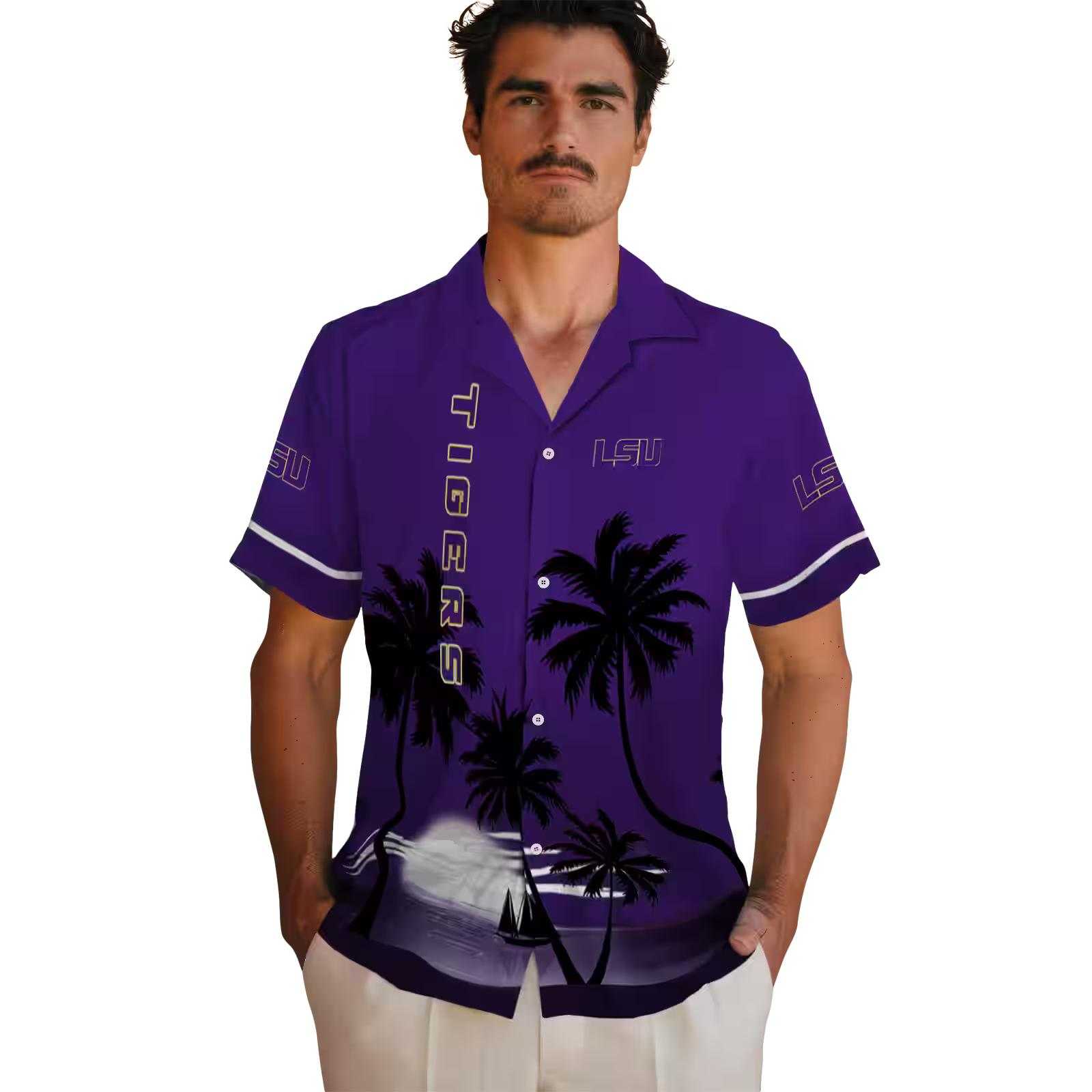 lsu tigers beach sunset purple black hawaiian shirt fashion forward