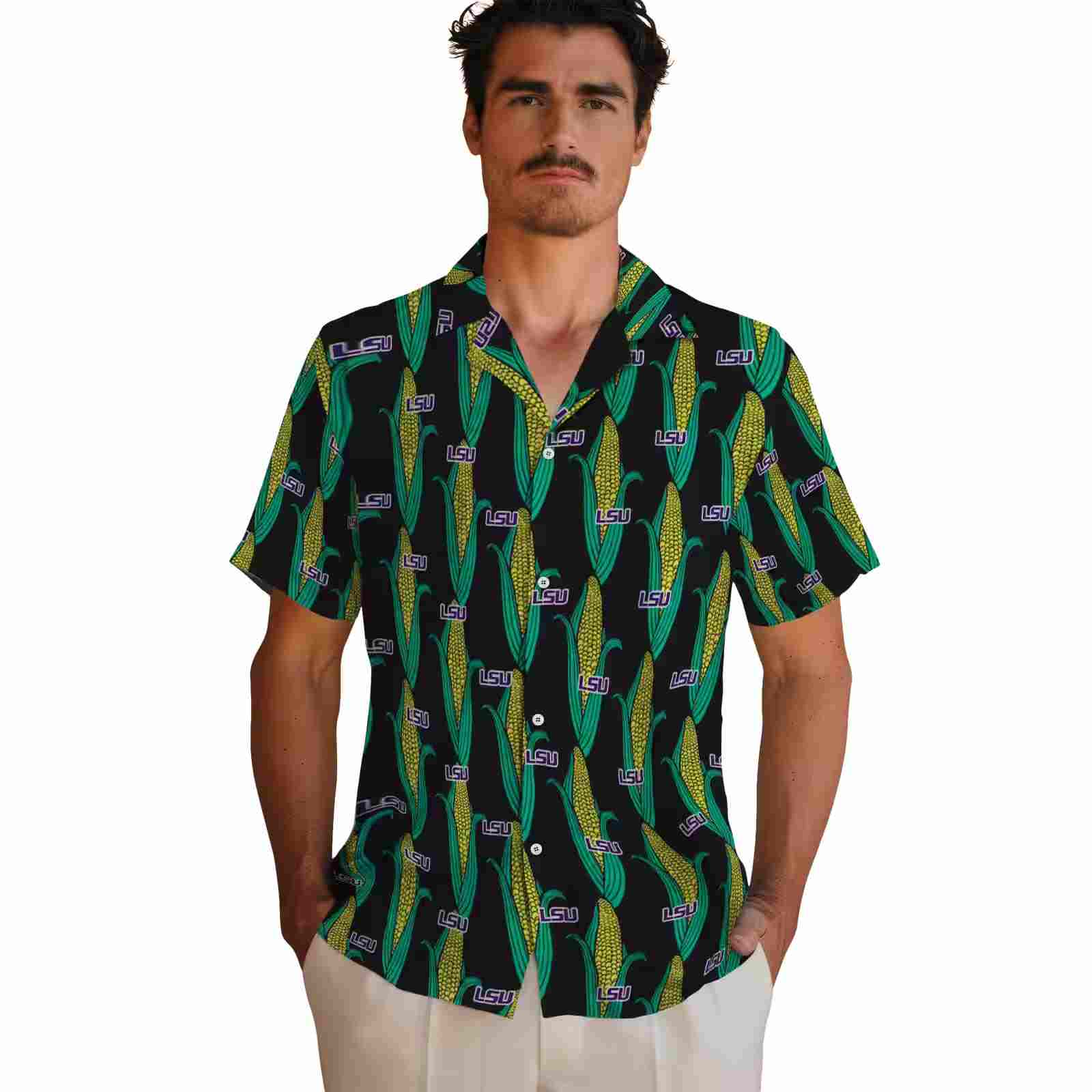 lsu tigers corn motifs black green hawaiian shirt fashion forward