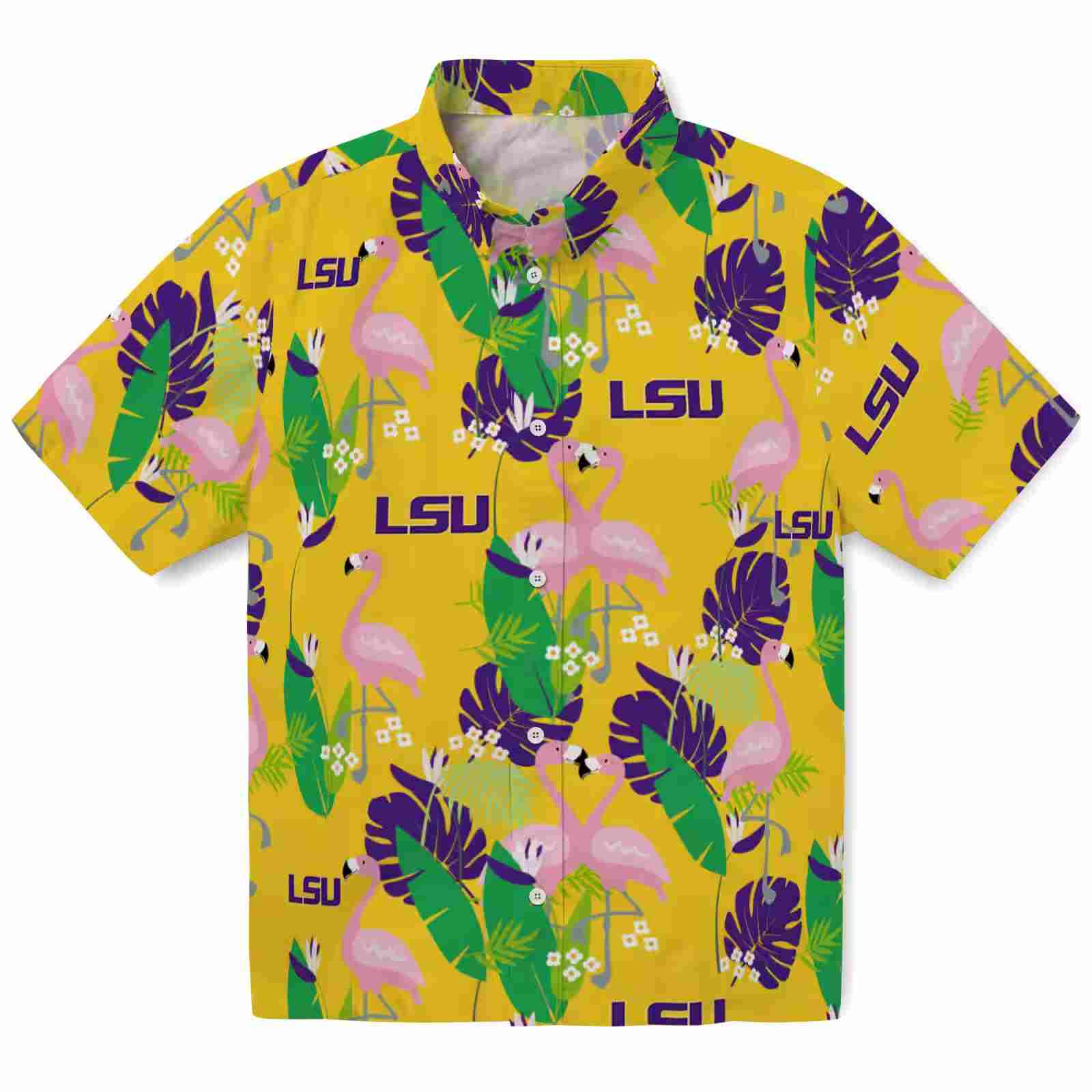 LSU Tigers Flamingo Foliage Purple Green Hawaiian Shirt