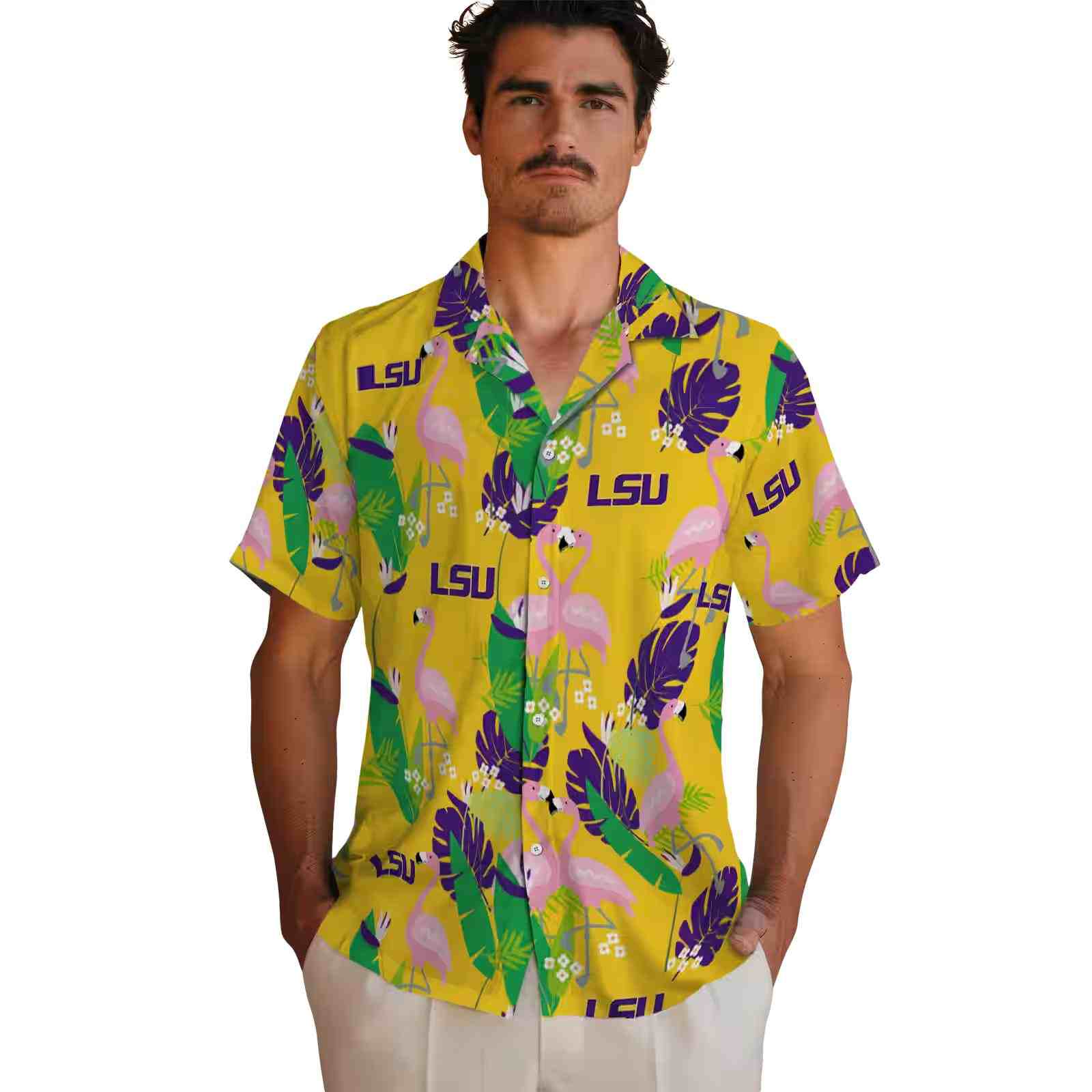 lsu tigers flamingo foliage purple green hawaiian shirt fashion forward