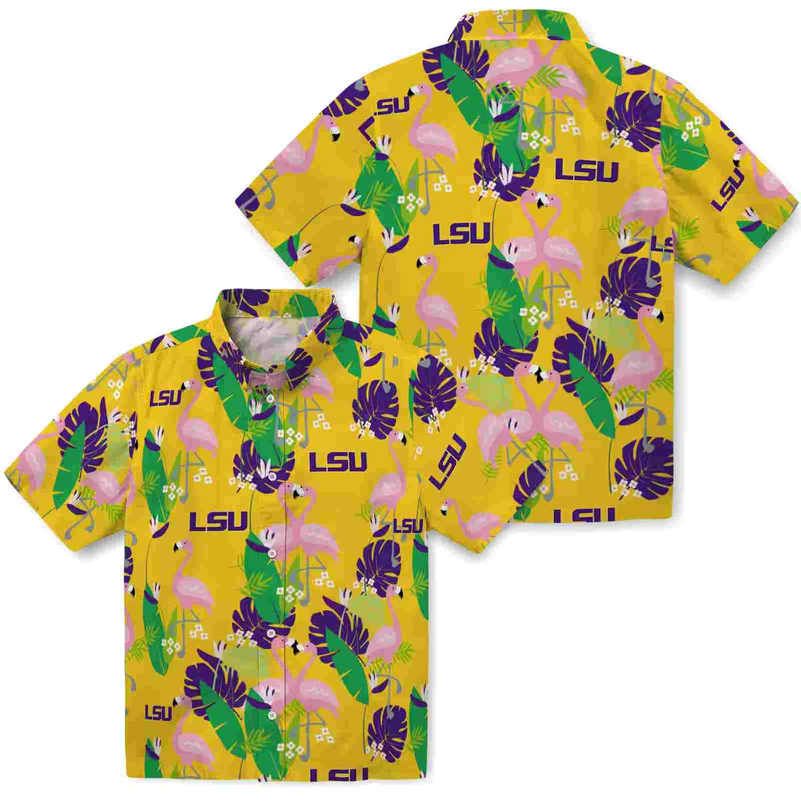 lsu tigers flamingo foliage purple green hawaiian shirt high quality