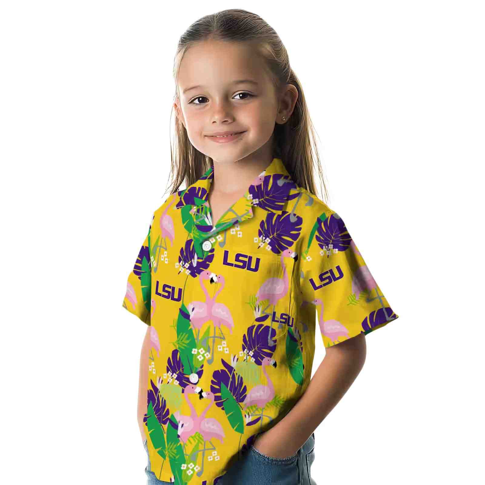 lsu tigers flamingo foliage purple green hawaiian shirt premium grade