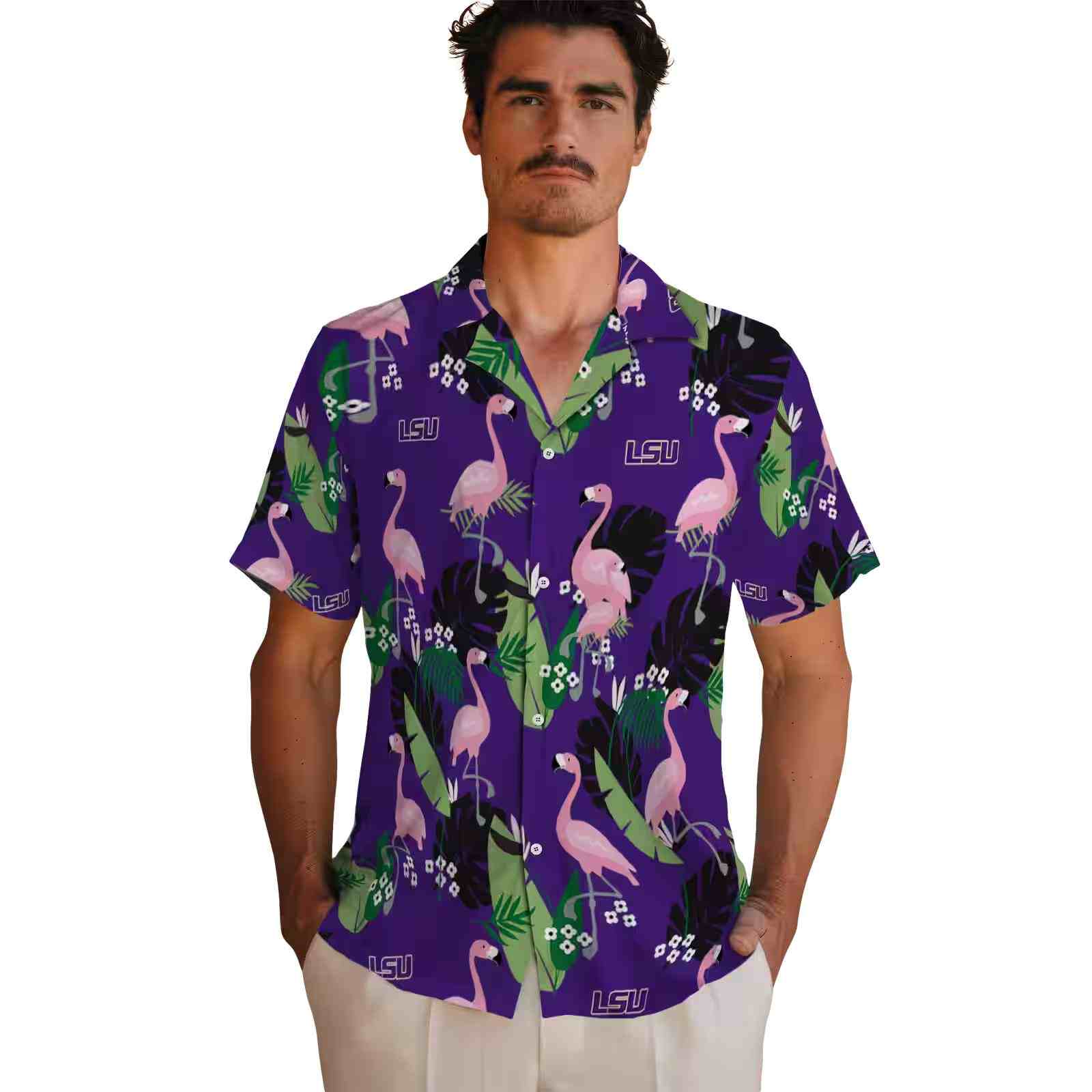 lsu tigers flamingo leaf motif purple hawaiian shirt fashion forward