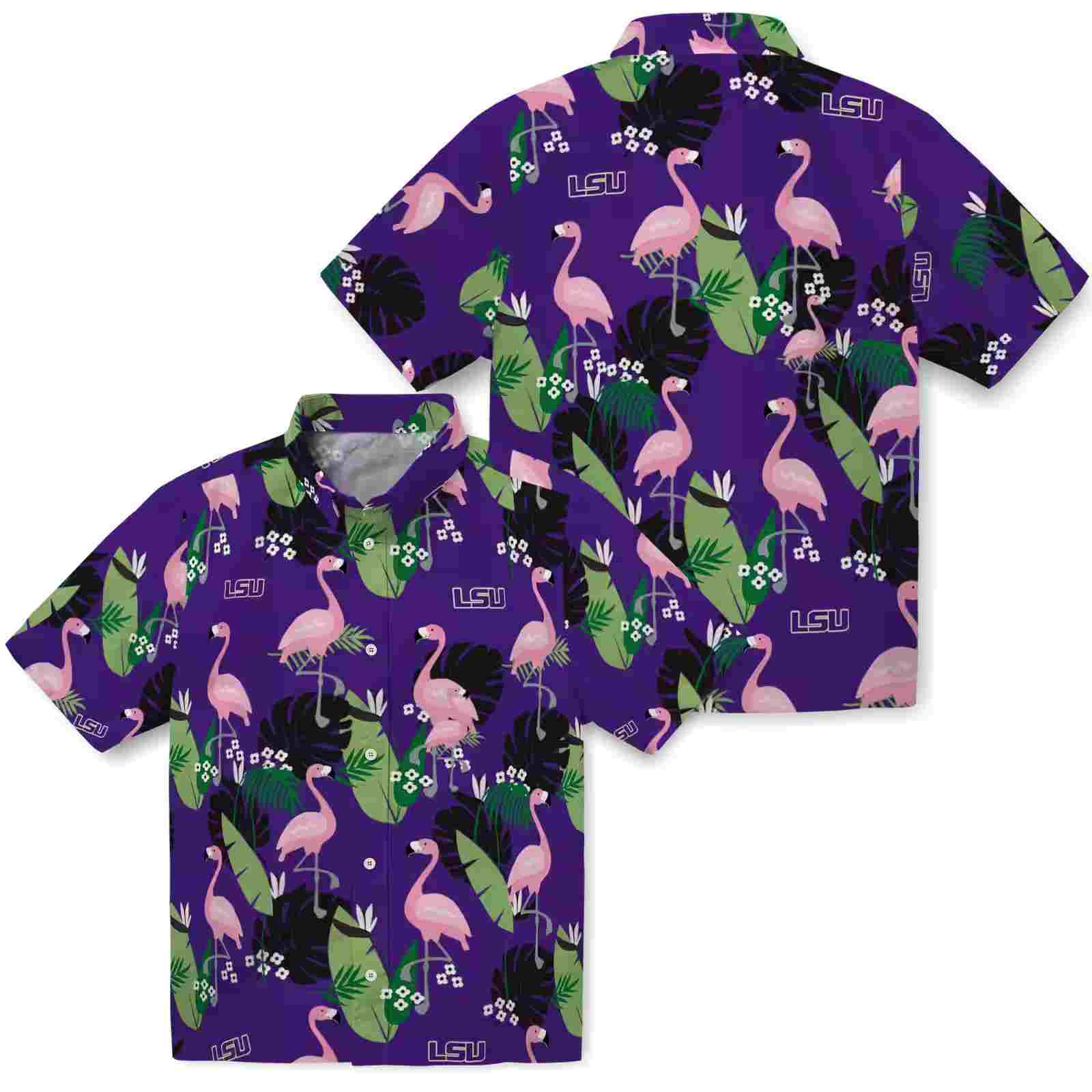 lsu tigers flamingo leaf motif purple hawaiian shirt high quality