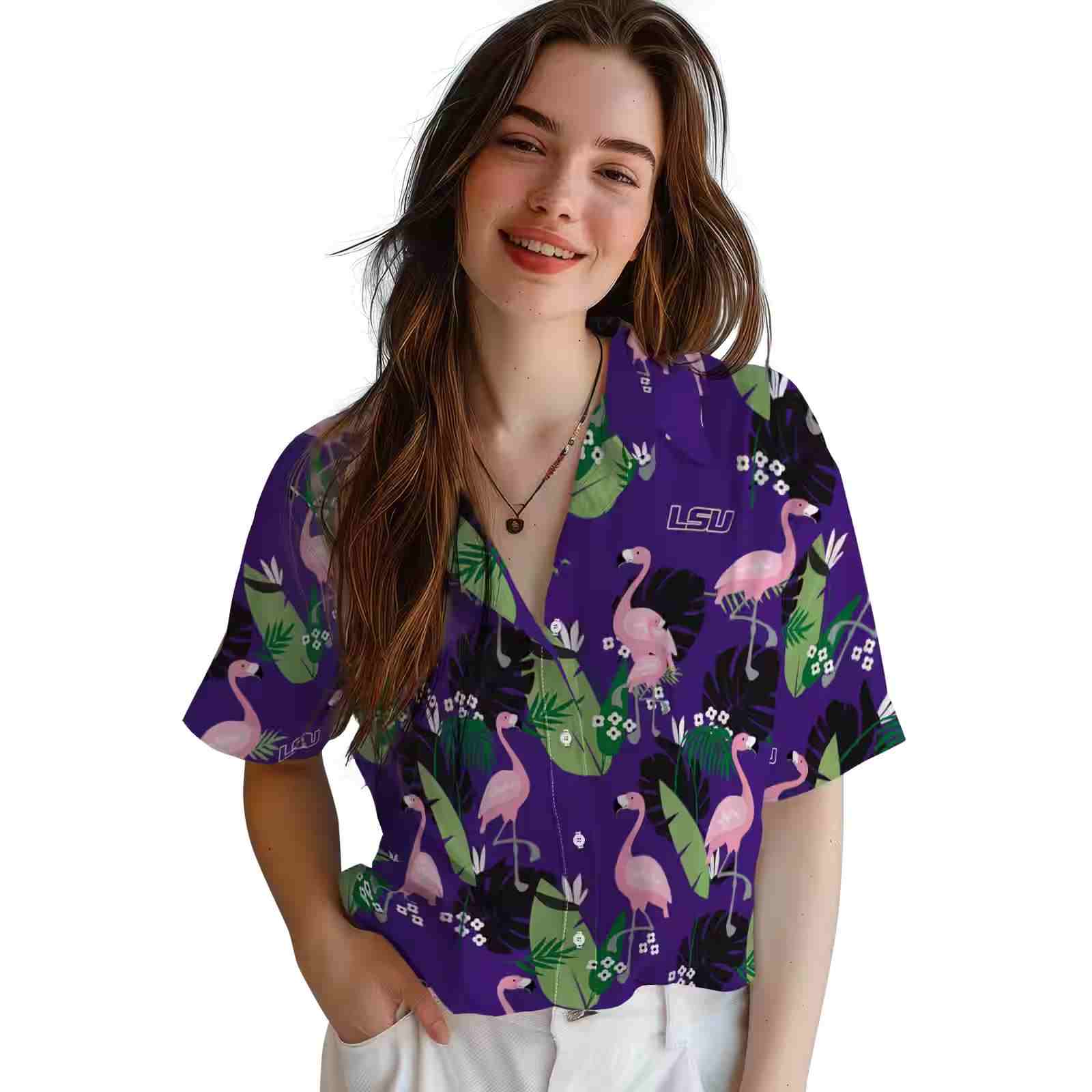 lsu tigers flamingo leaf motif purple hawaiian shirt latest model