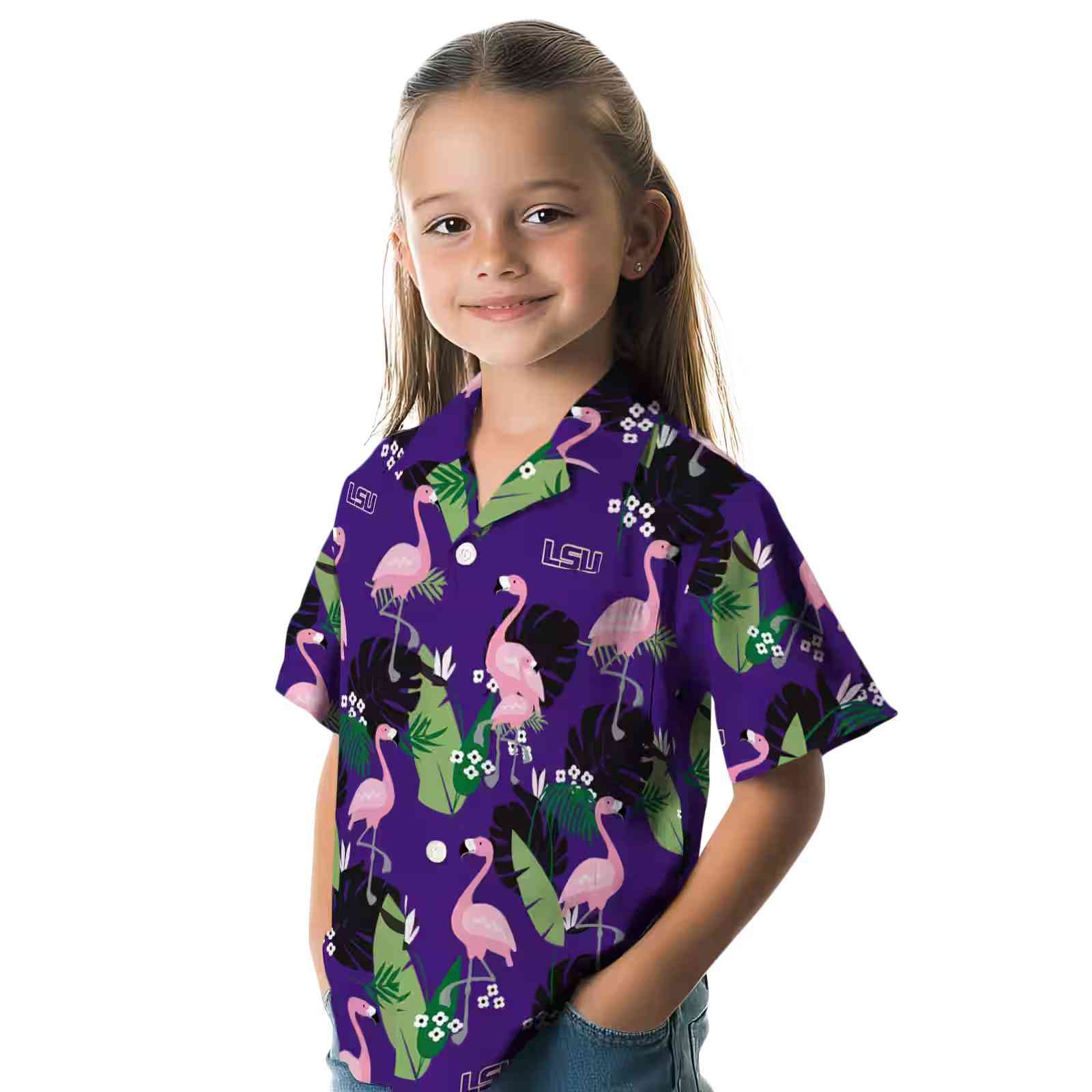 lsu tigers flamingo leaf motif purple hawaiian shirt premium grade