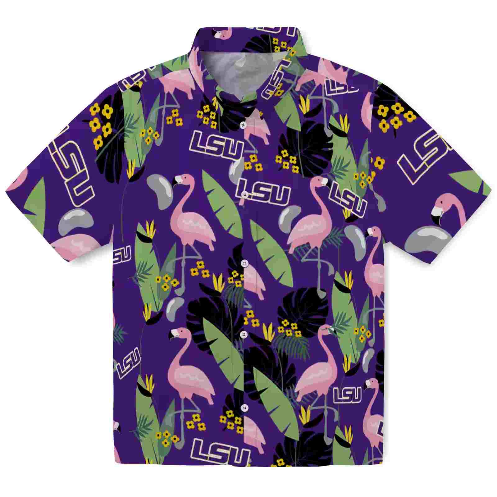 LSU Tigers Flamingo Leaves Purple Hawaiian Shirt