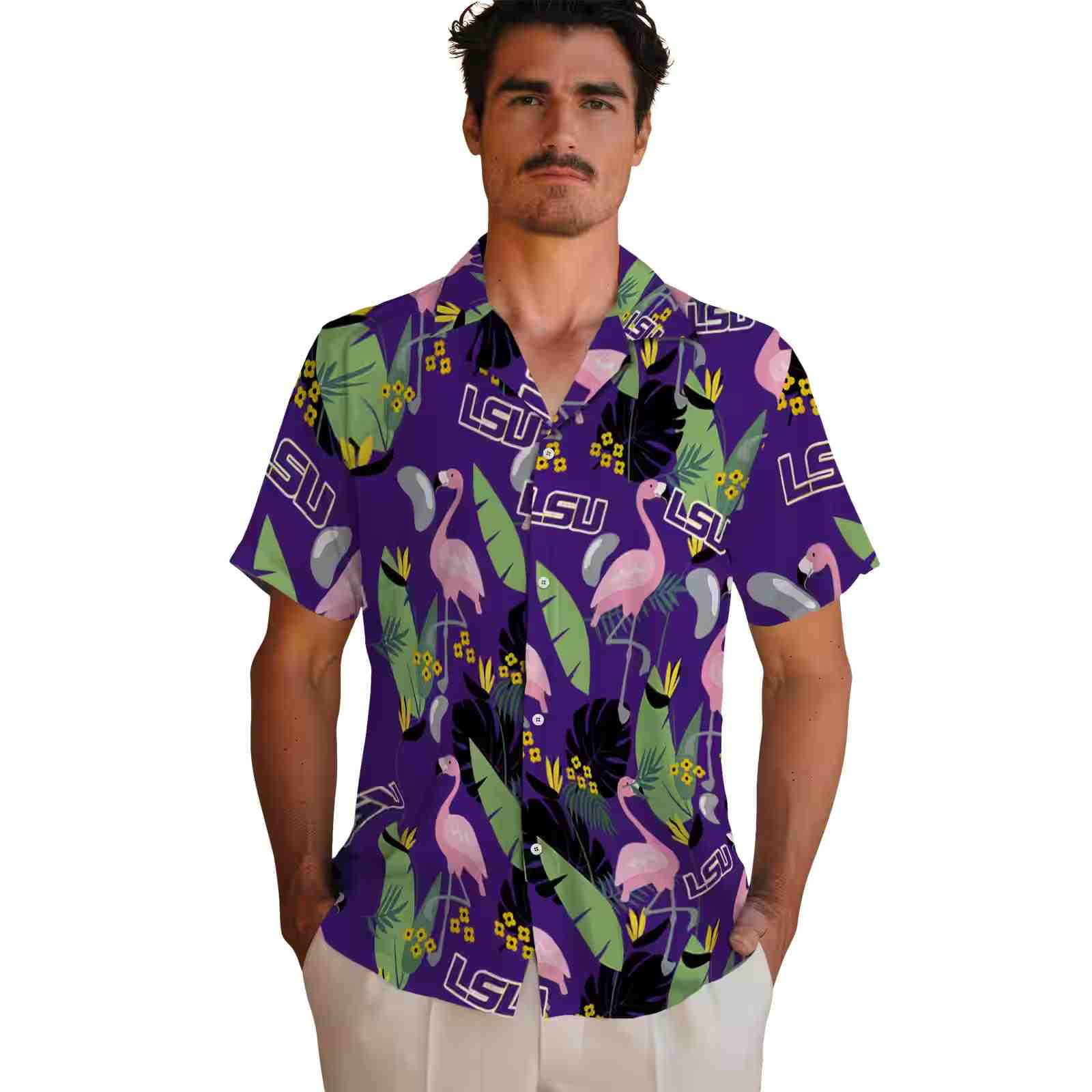 lsu tigers flamingo leaves purple hawaiian shirt fashion forward