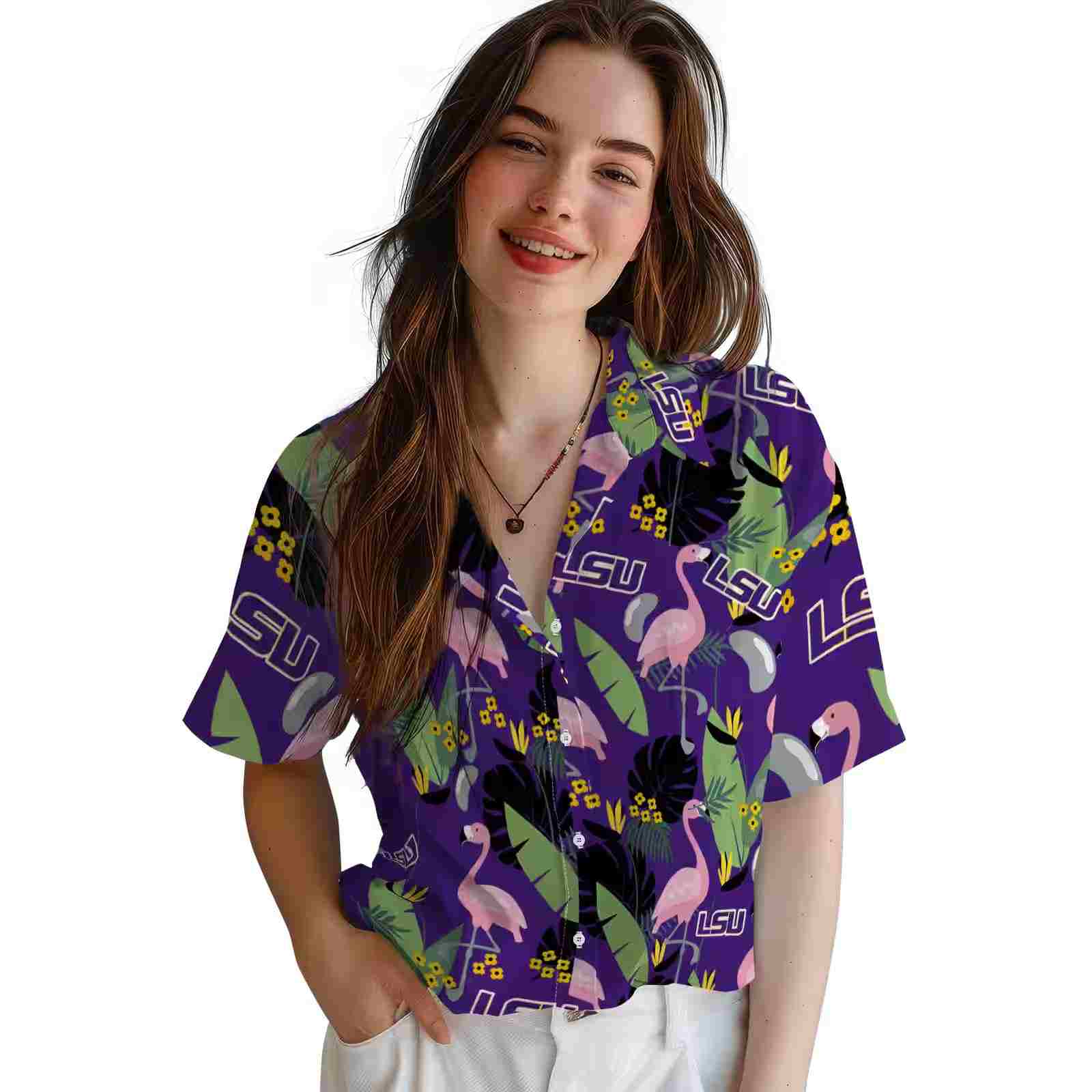 lsu tigers flamingo leaves purple hawaiian shirt latest model