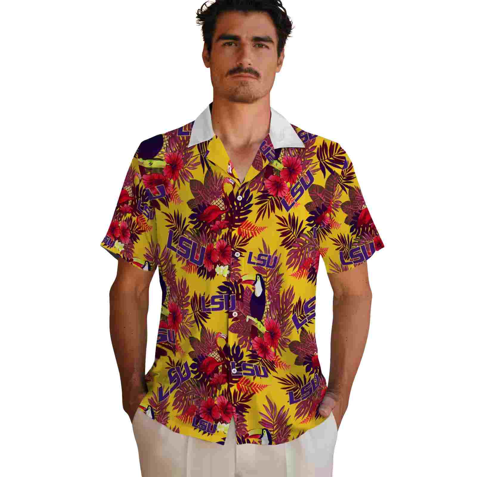 lsu tigers floral toucan purple red hawaiian shirt fashion forward