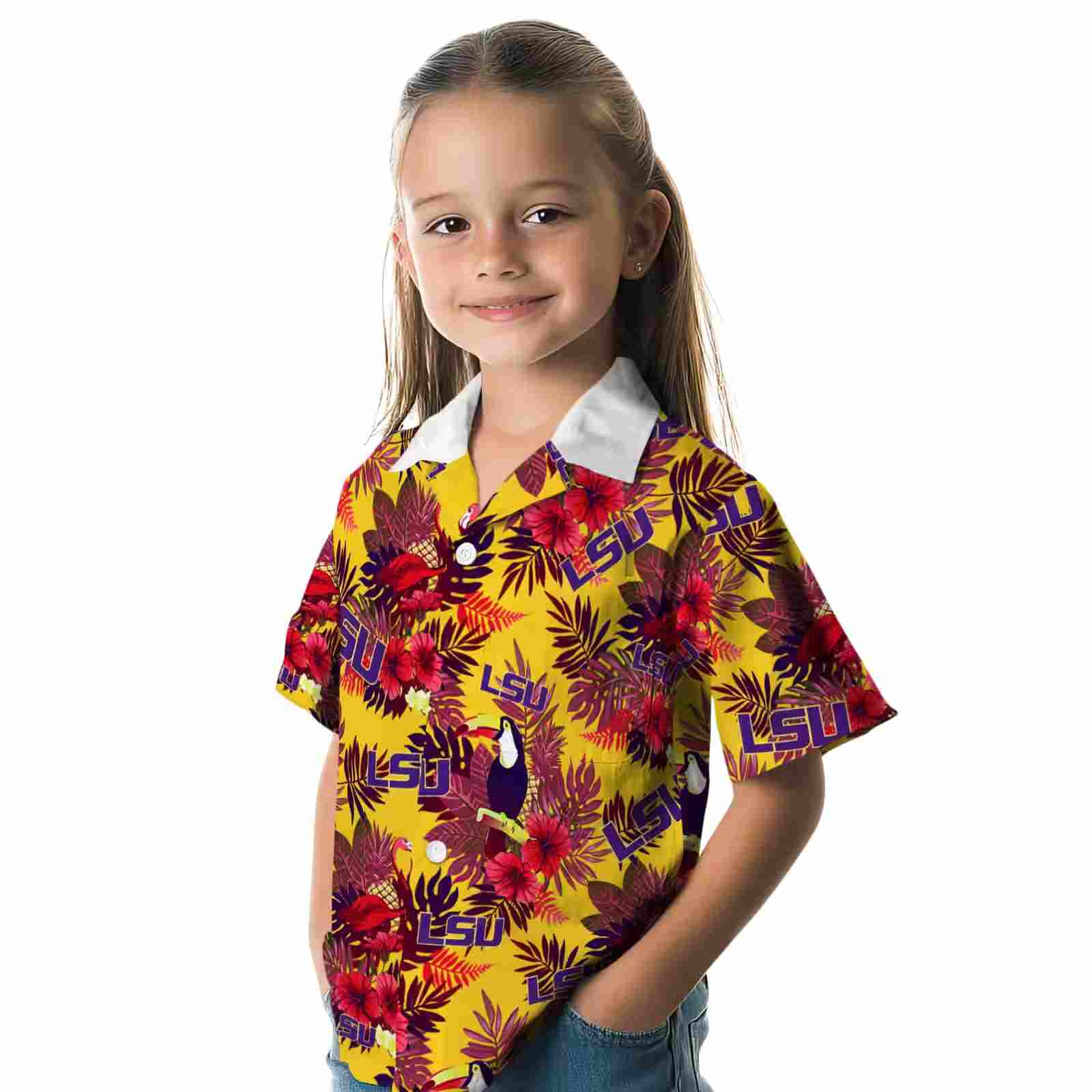 lsu tigers floral toucan purple red hawaiian shirt premium grade