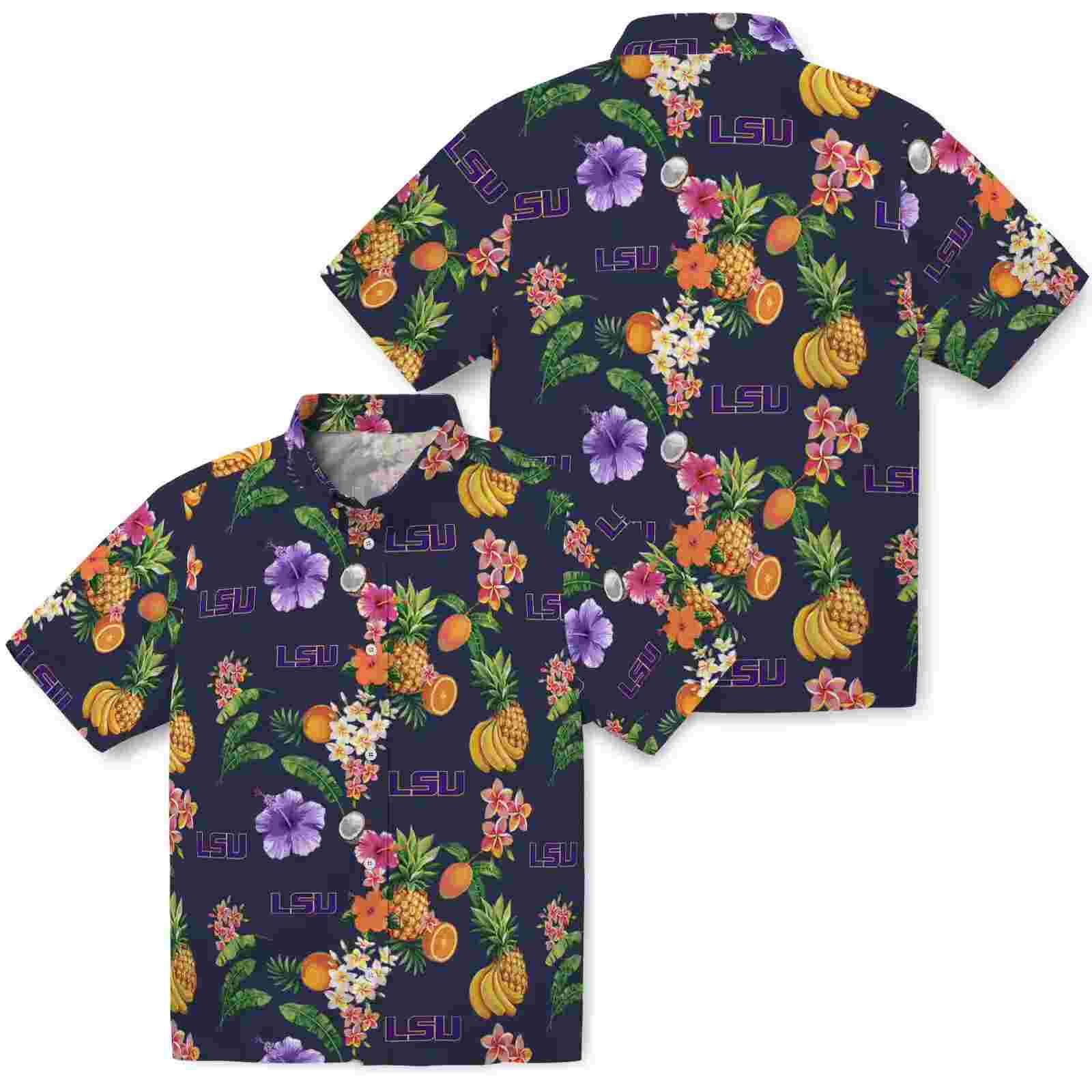 lsu tigers hibiscus and fruit navy blue hawaiian shirt high quality