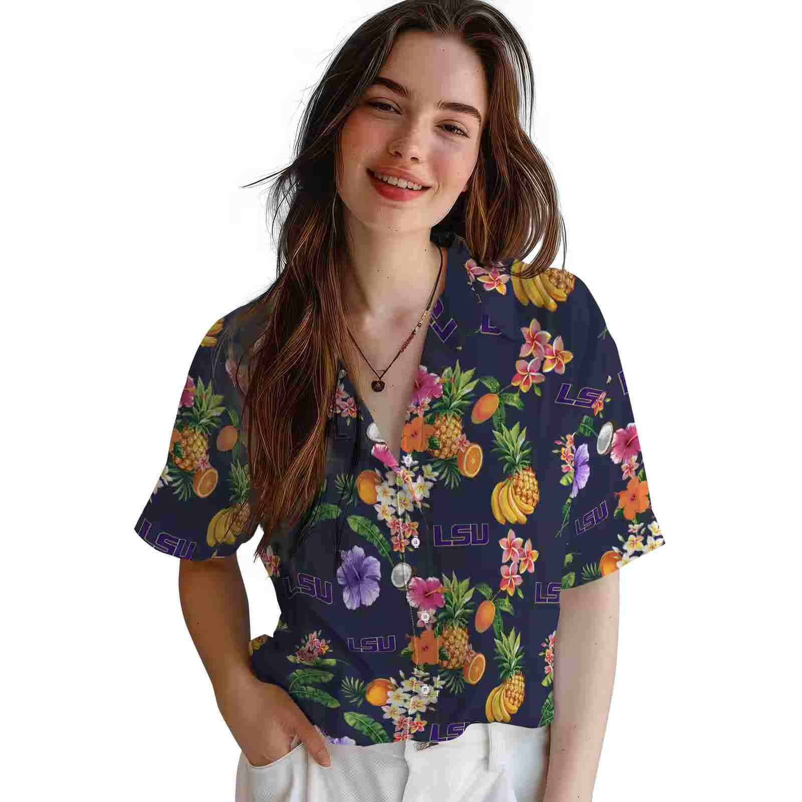 lsu tigers hibiscus and fruit navy blue hawaiian shirt latest model