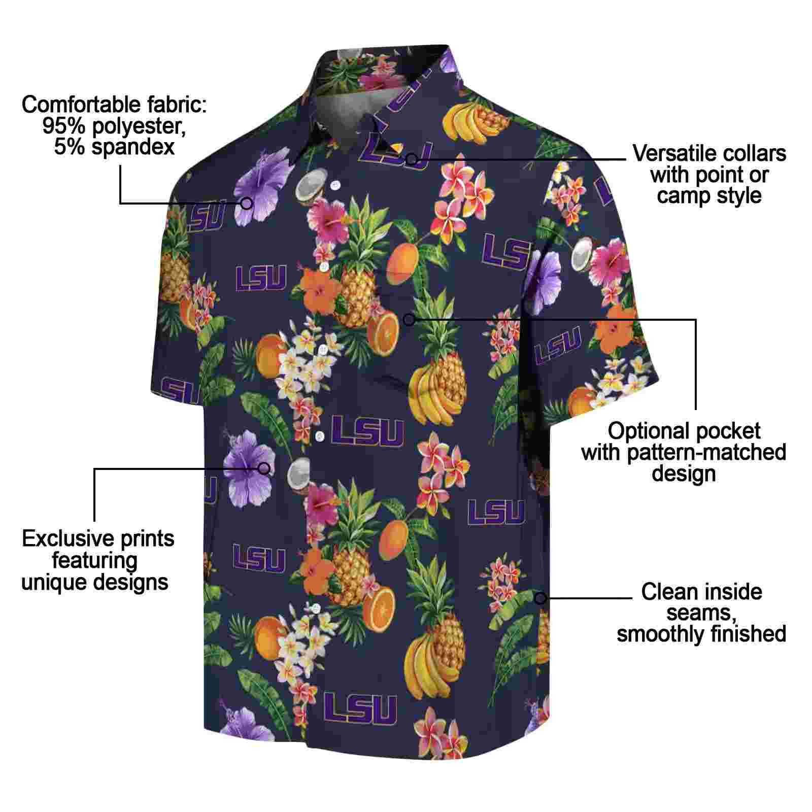 lsu tigers hibiscus and fruit navy blue hawaiian shirt new arrival