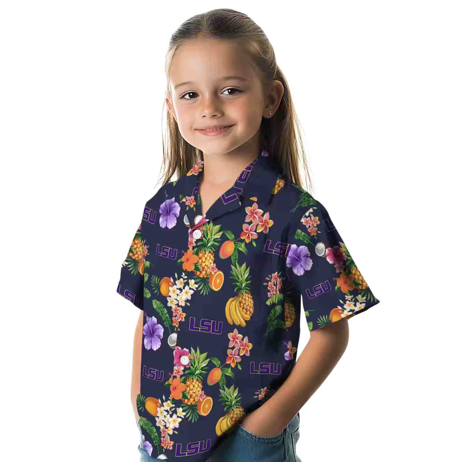 lsu tigers hibiscus and fruit navy blue hawaiian shirt premium grade