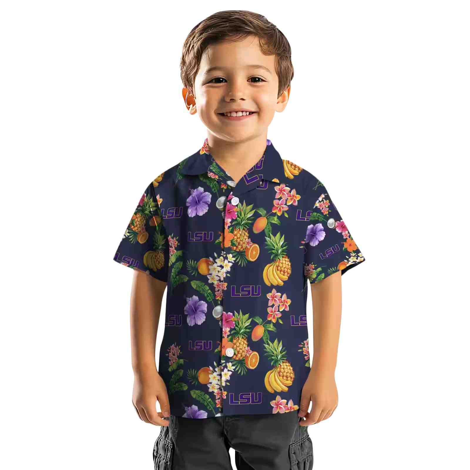 lsu tigers hibiscus and fruit navy blue hawaiian shirt top rated