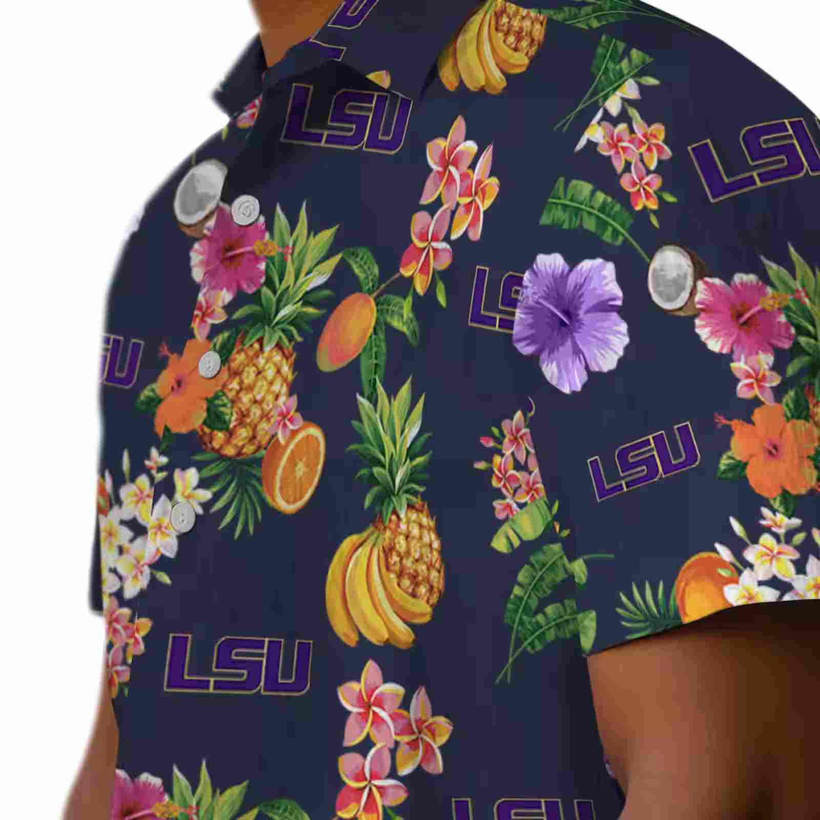 lsu tigers hibiscus and fruit navy blue hawaiian shirt trendy