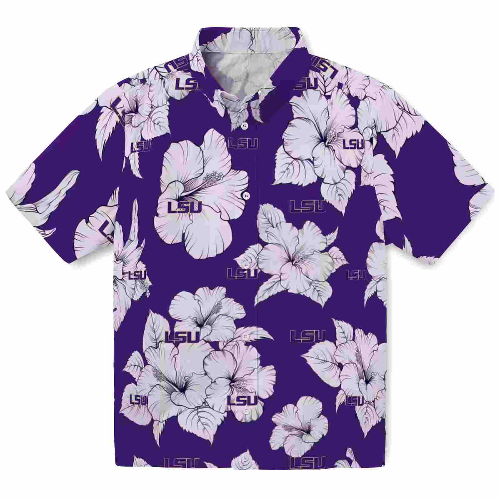 LSU Tigers Hibiscus Blooms Purple White Hawaiian Shirt