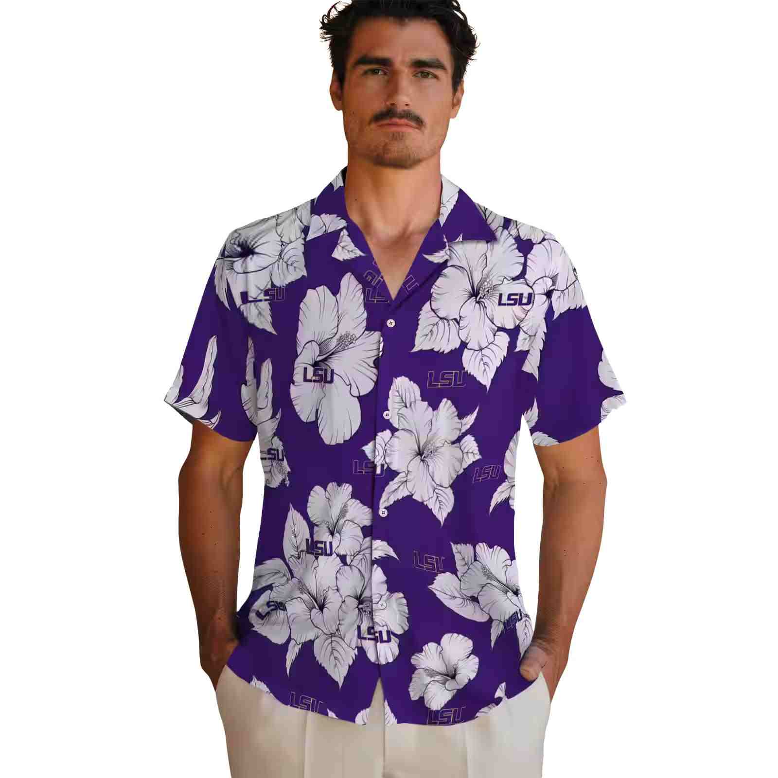 lsu tigers hibiscus blooms purple white hawaiian shirt fashion forward