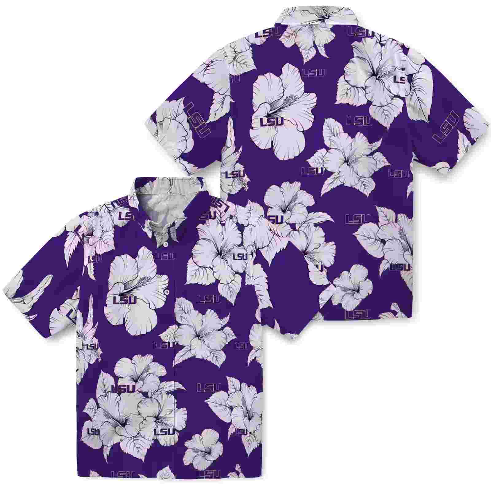 lsu tigers hibiscus blooms purple white hawaiian shirt high quality