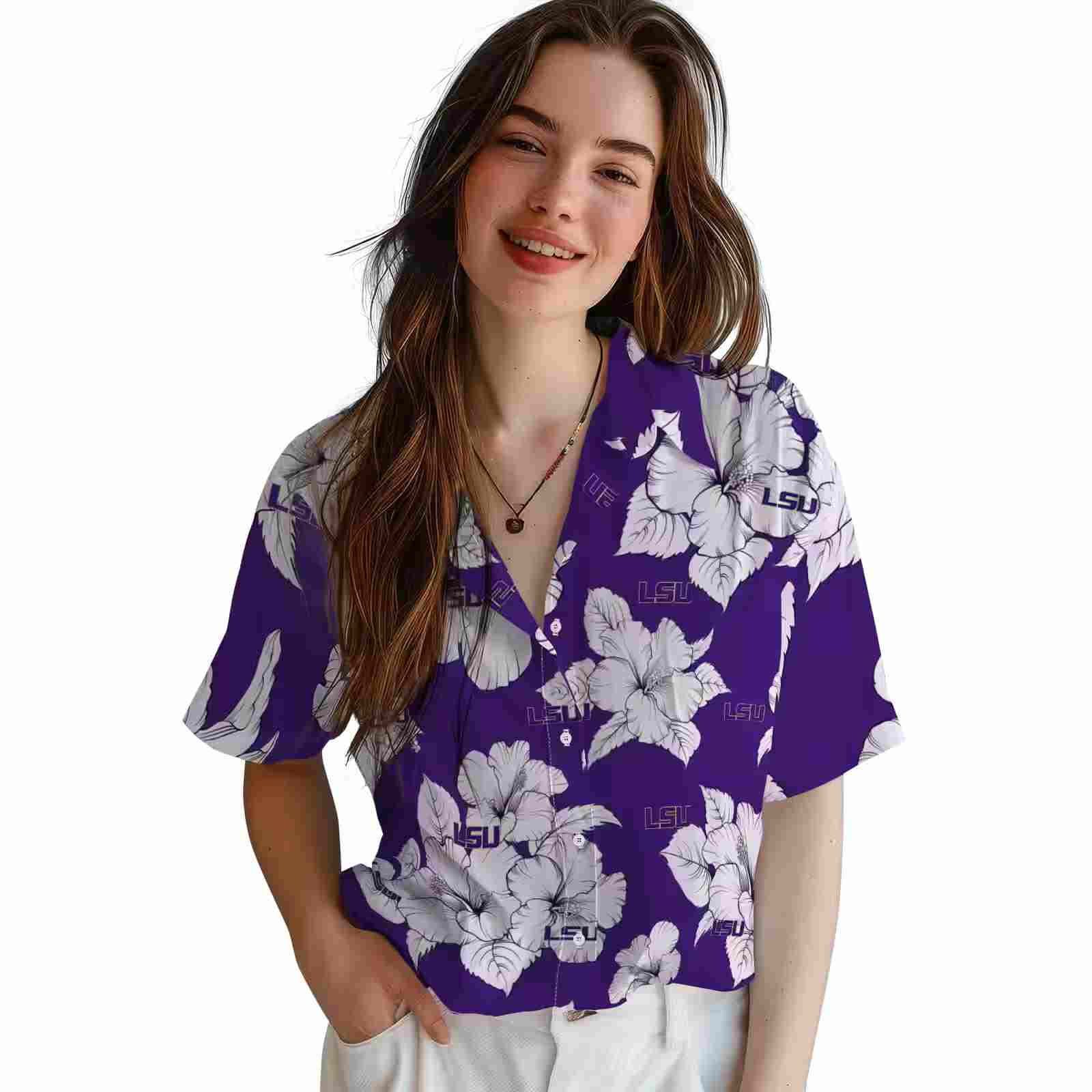 lsu tigers hibiscus blooms purple white hawaiian shirt latest model