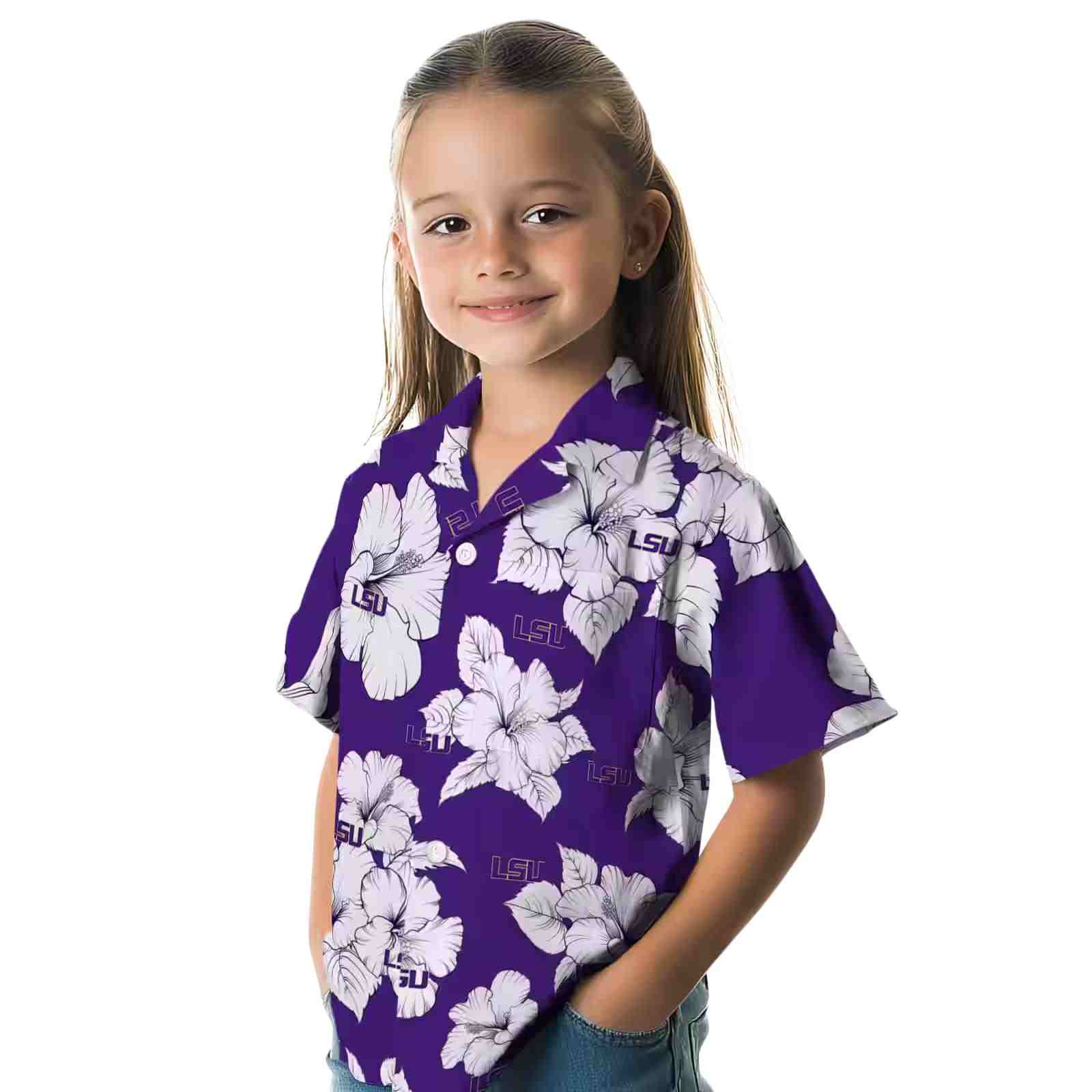 lsu tigers hibiscus blooms purple white hawaiian shirt premium grade