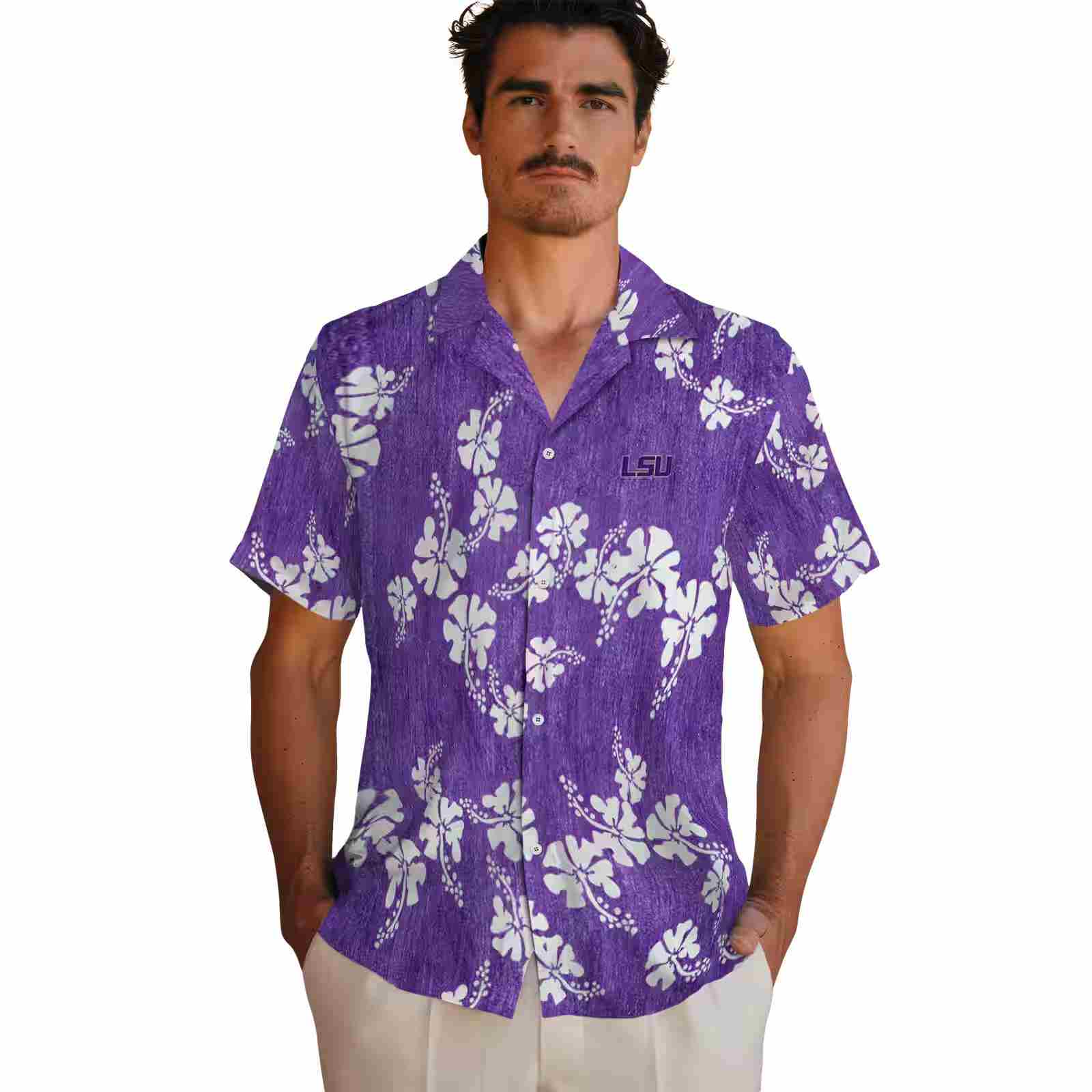 lsu tigers hibiscus clusters purple hawaiian shirt fashion forward